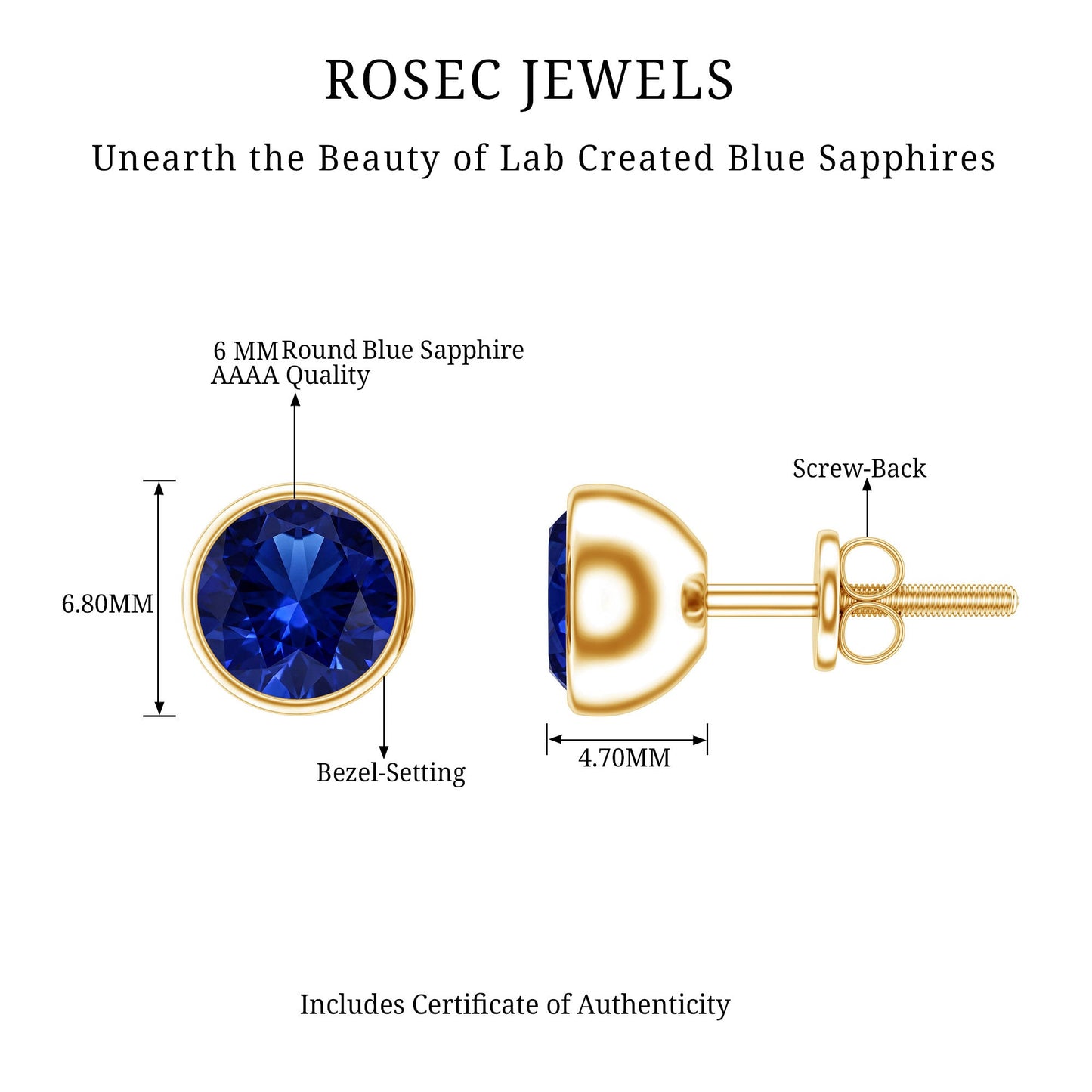 2 Carat Round Lab Created Blue Sapphire Stud Earrings in Bezel Setting