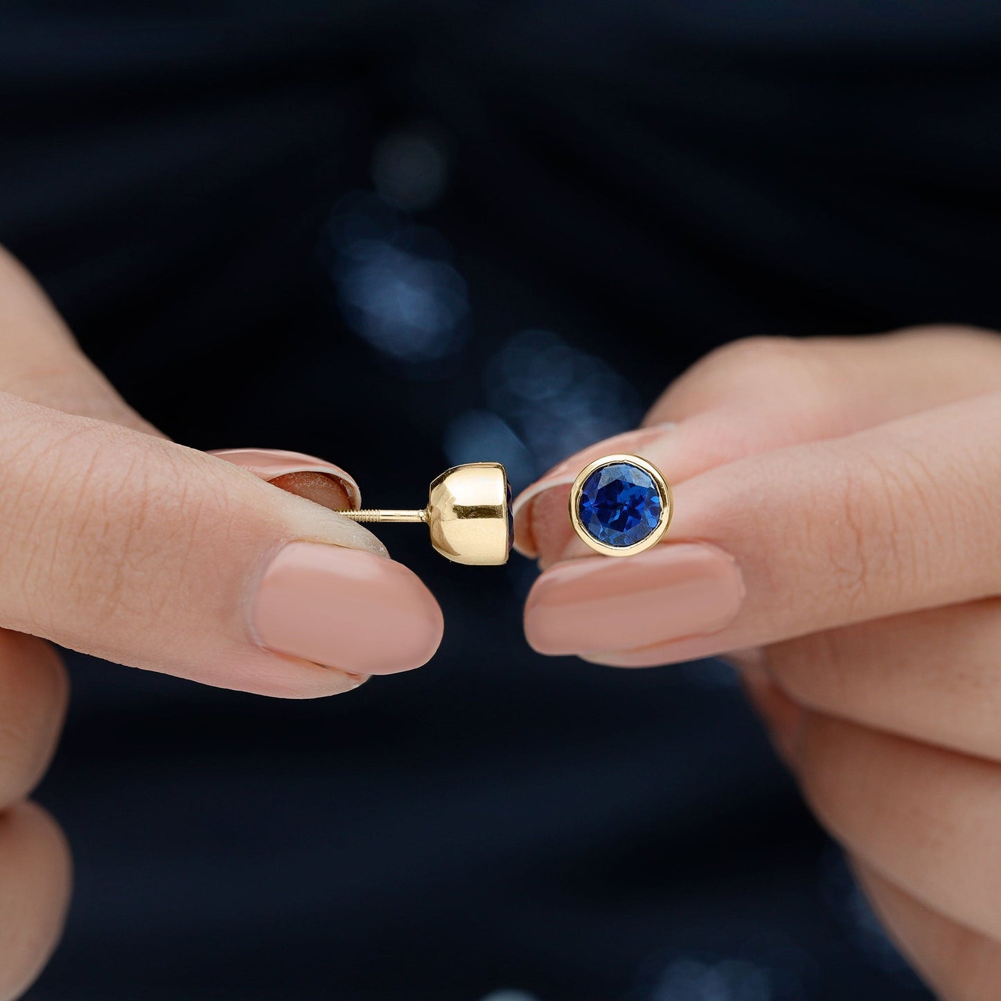 2 Carat Round Lab Created Blue Sapphire Stud Earrings in Bezel Setting