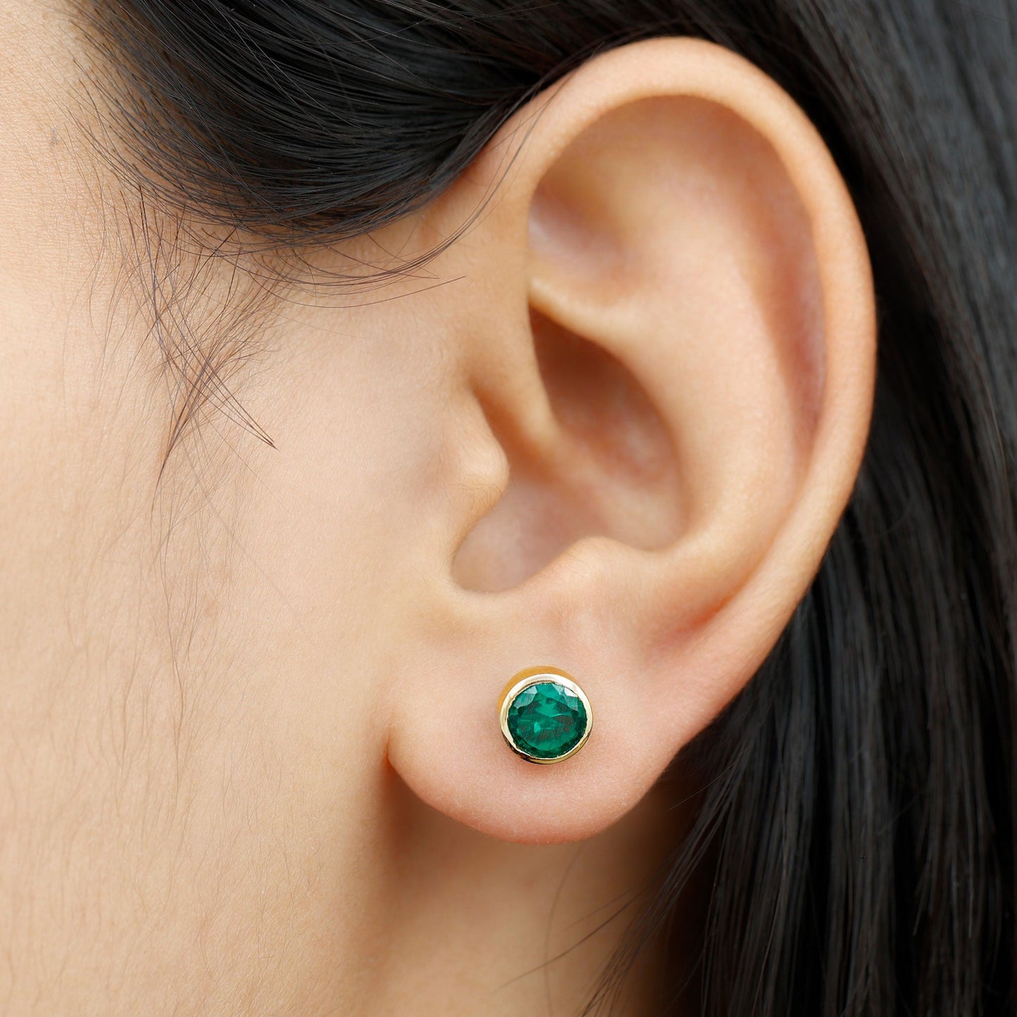 Bezel Set Lab Grown Emerald Solitaire Stud Earrings