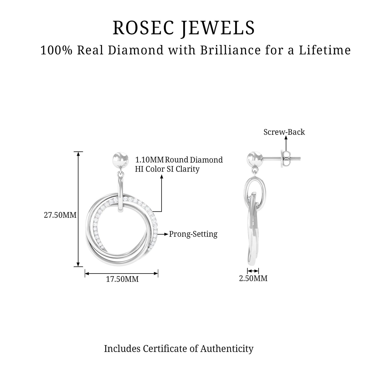 Round Cut Diamond Drop Earring with Screw Back Closure