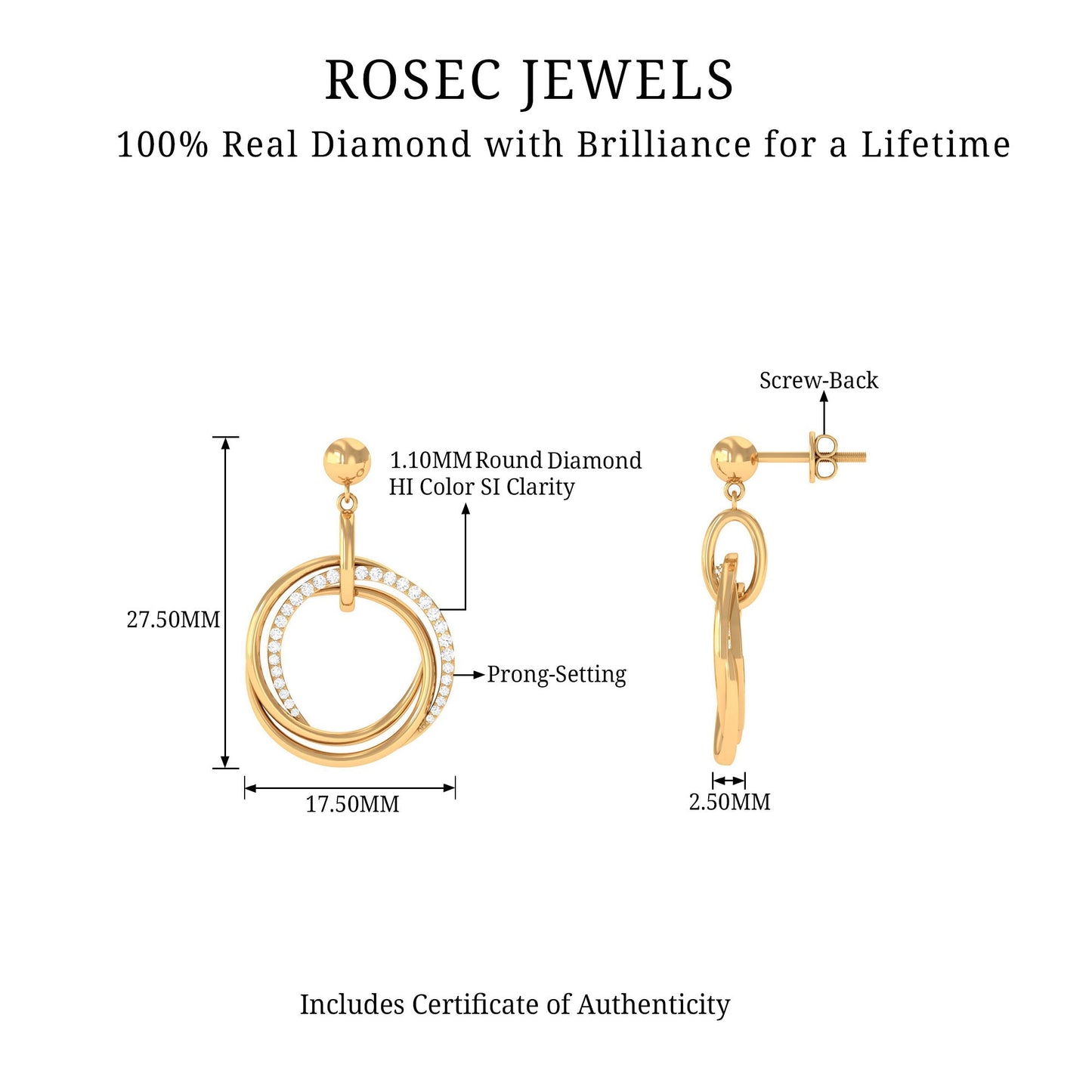 Round Cut Diamond Drop Earring with Screw Back Closure