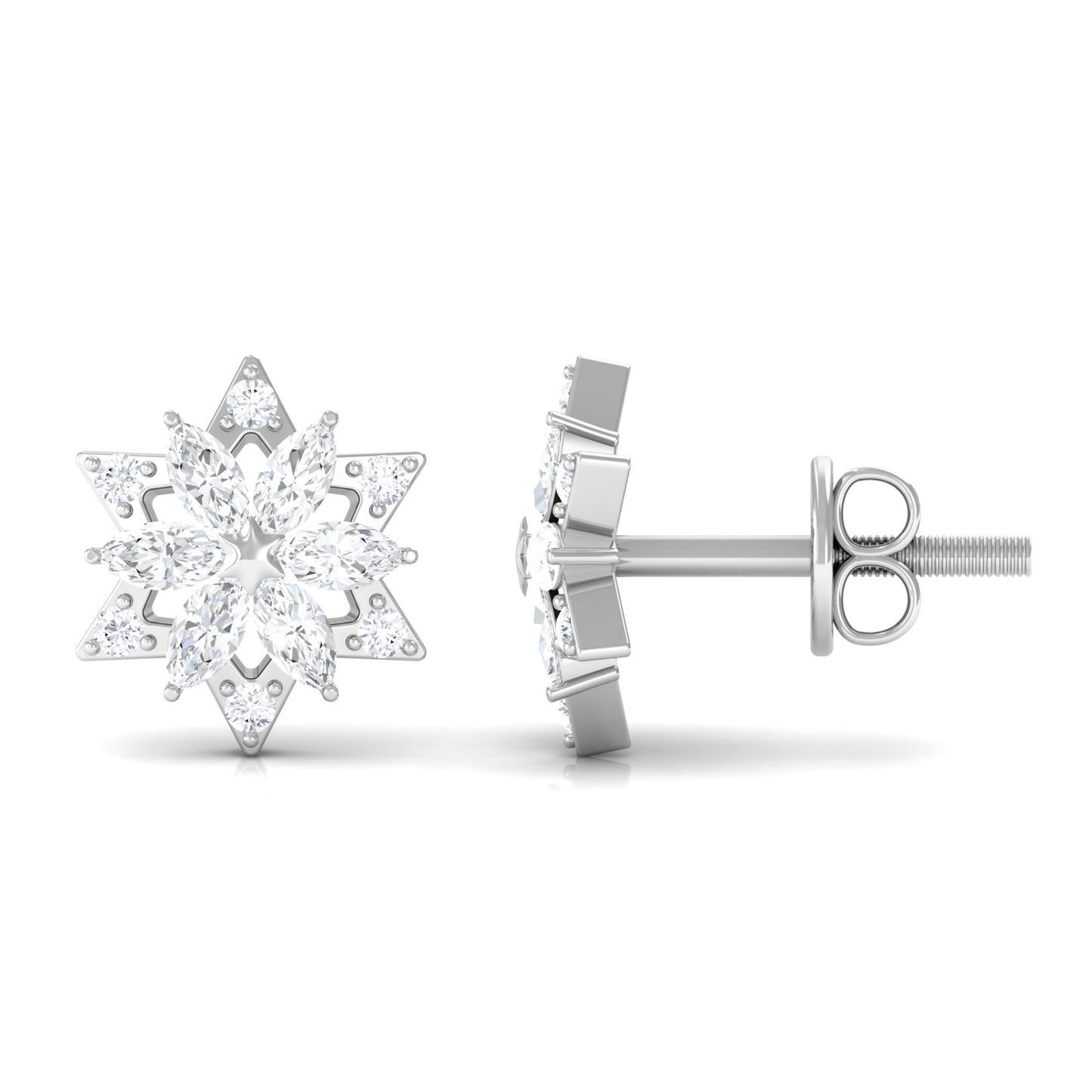 Round Diamond Flower Stud Earrings With Screw Back