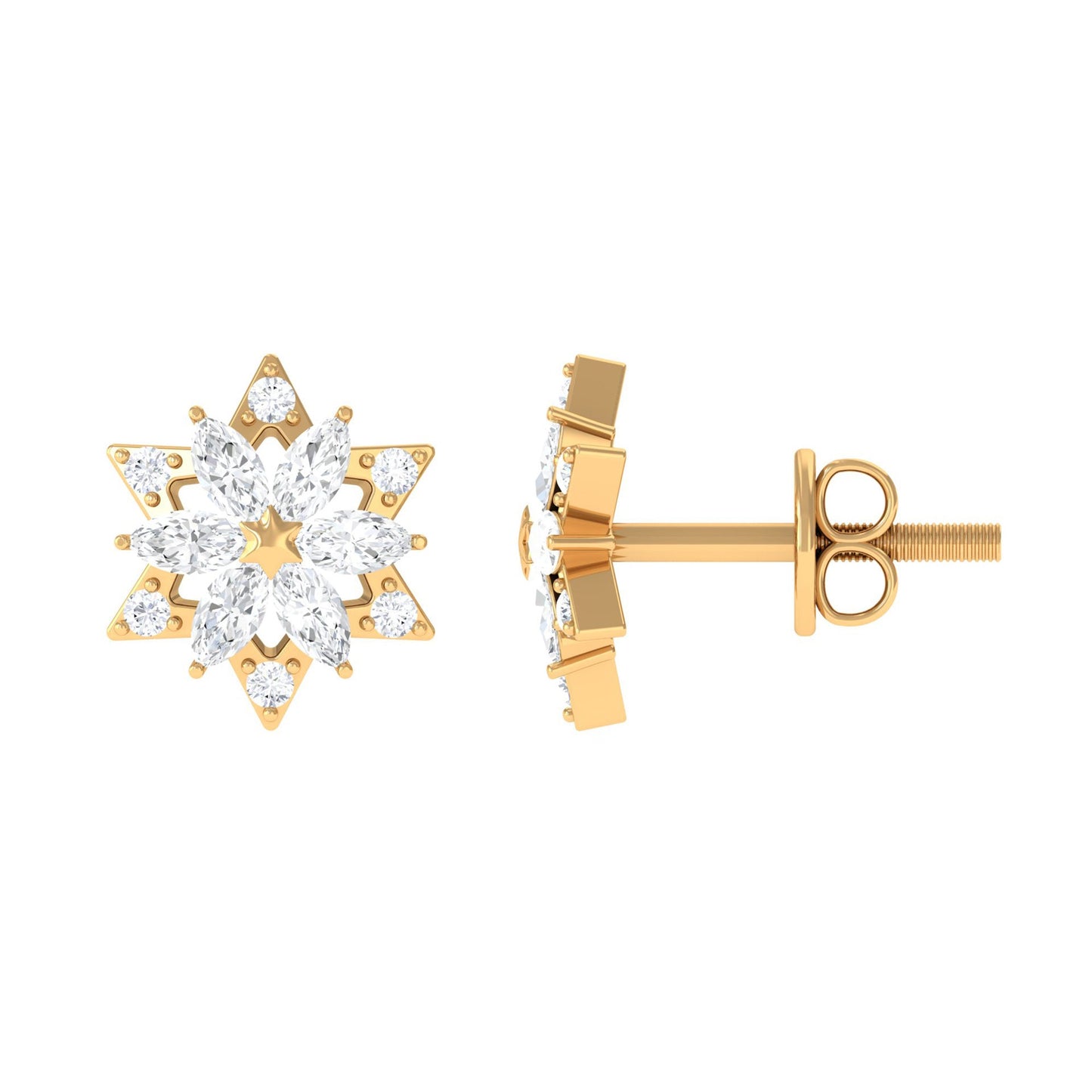 Round Diamond Flower Stud Earrings With Screw Back