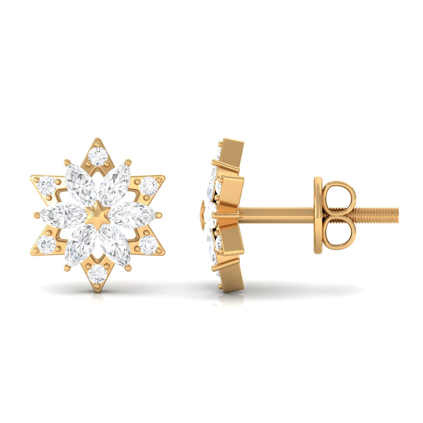 Round Diamond Flower Stud Earrings With Screw Back
