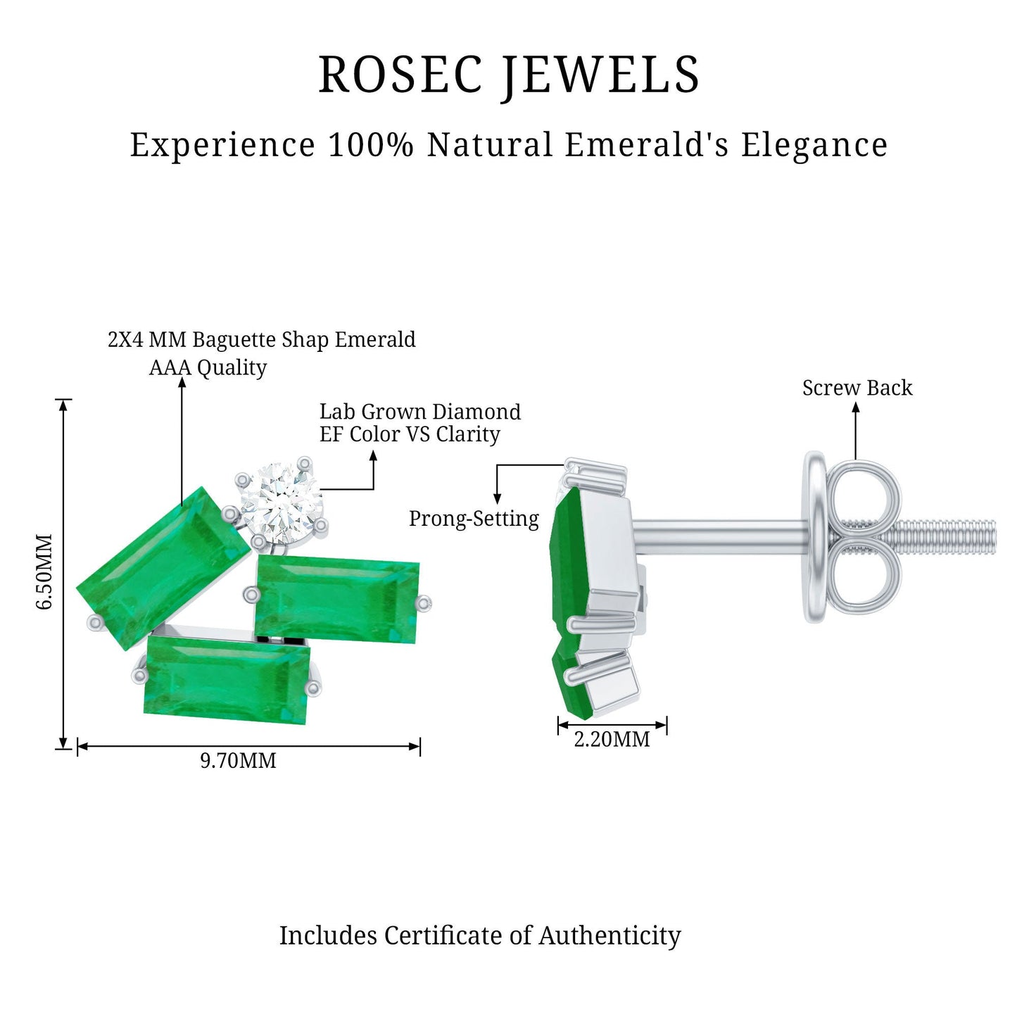 Baguette Cut Emerald and Diamond Cluster Stud Earrings