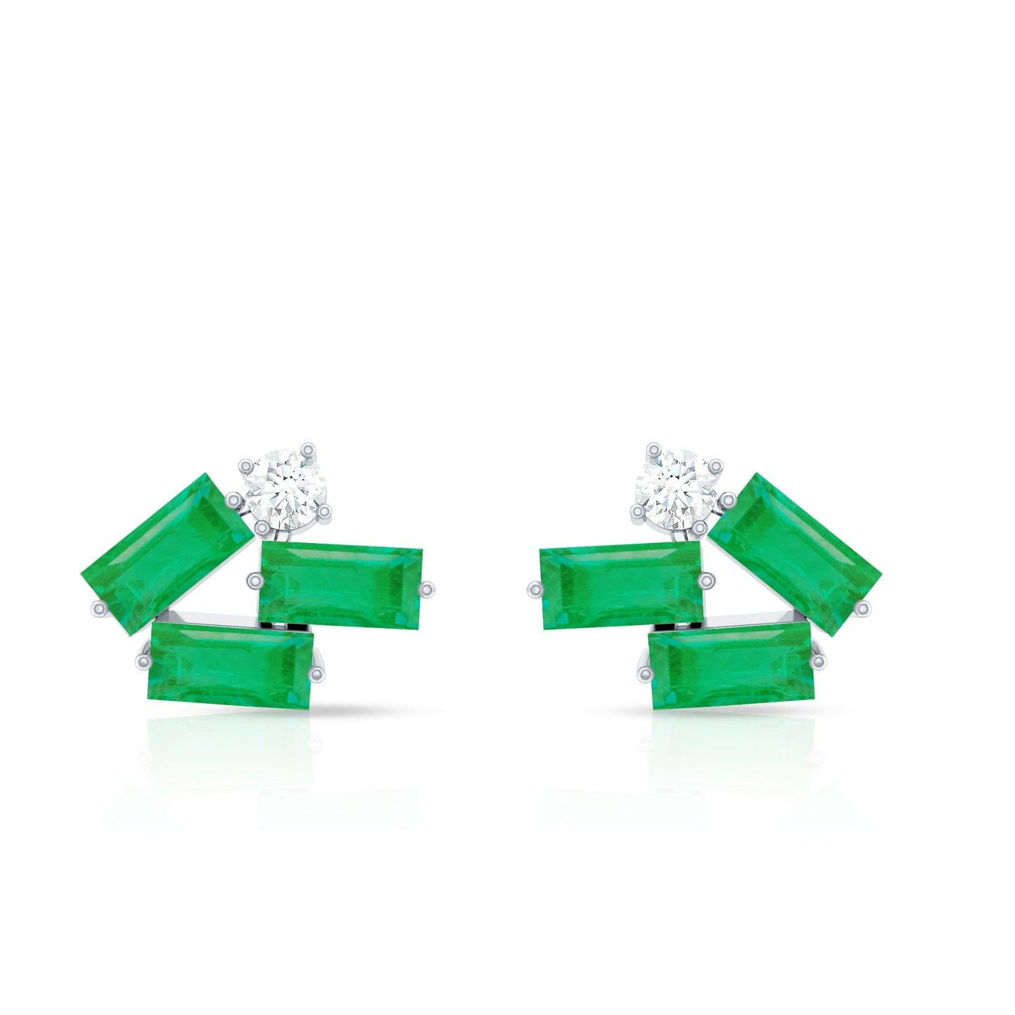 Baguette Cut Emerald and Diamond Cluster Stud Earrings