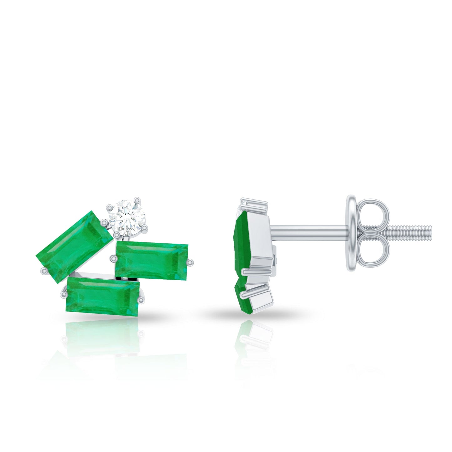 Baguette Cut Emerald and Diamond Cluster Stud Earrings