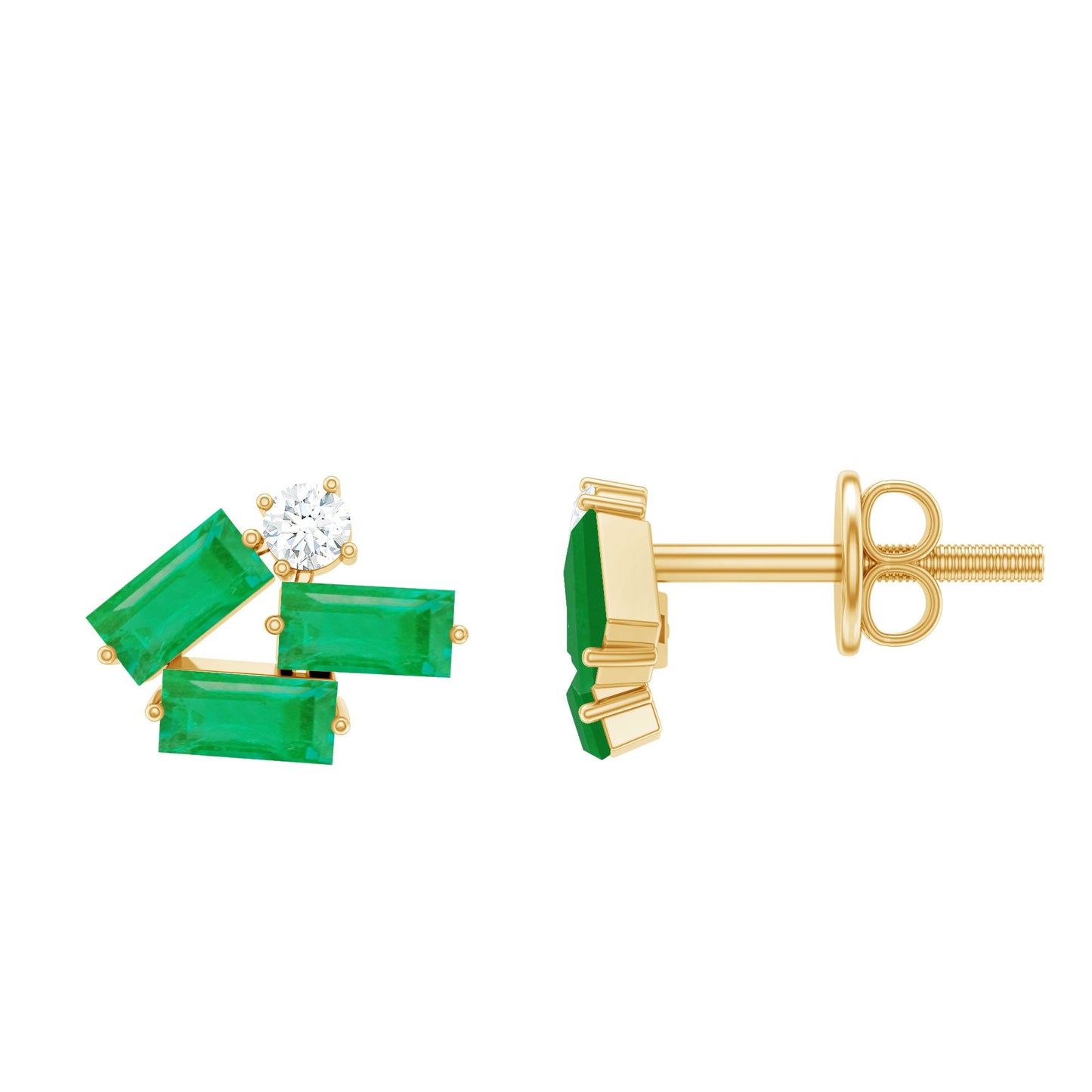 Baguette Cut Emerald and Diamond Cluster Stud Earrings