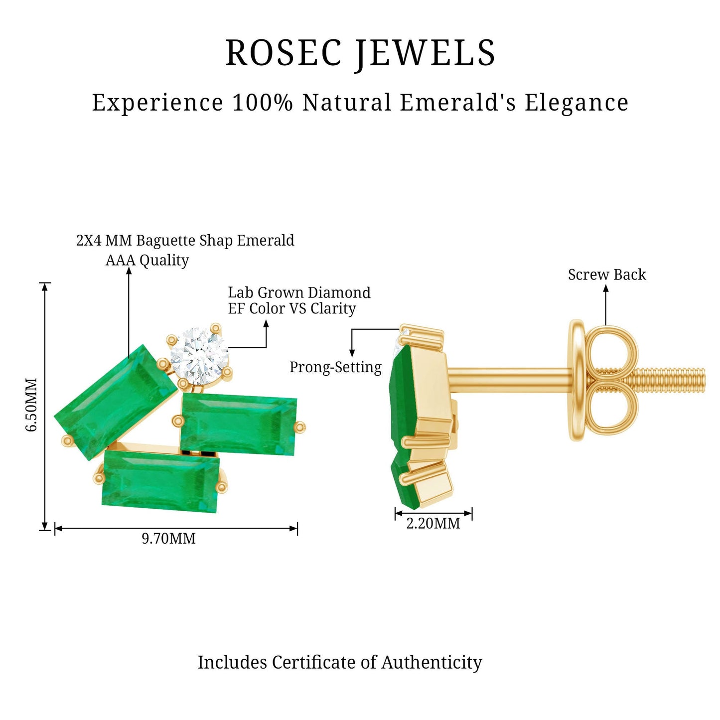 Baguette Cut Emerald and Diamond Cluster Stud Earrings