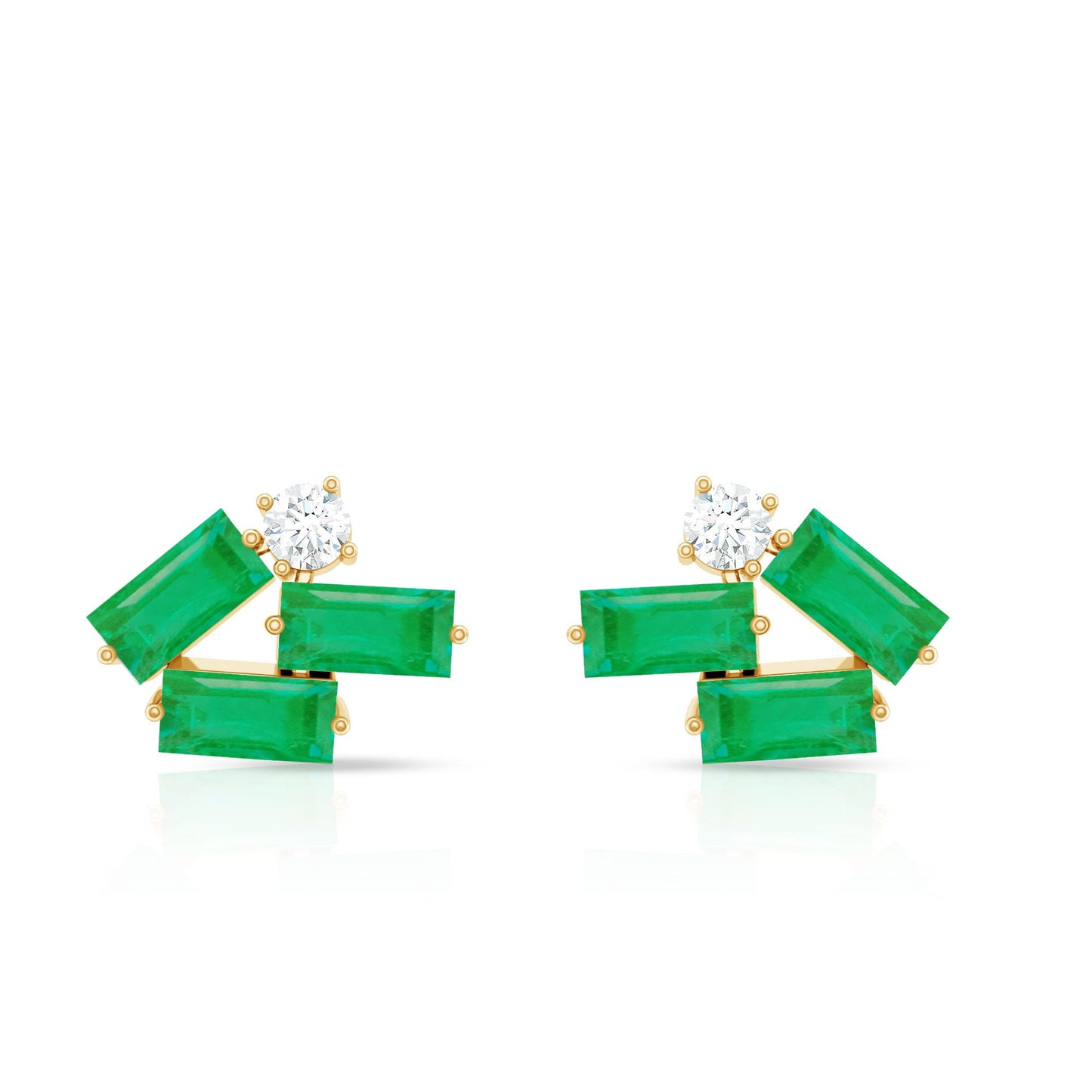 Baguette Cut Emerald and Diamond Cluster Stud Earrings