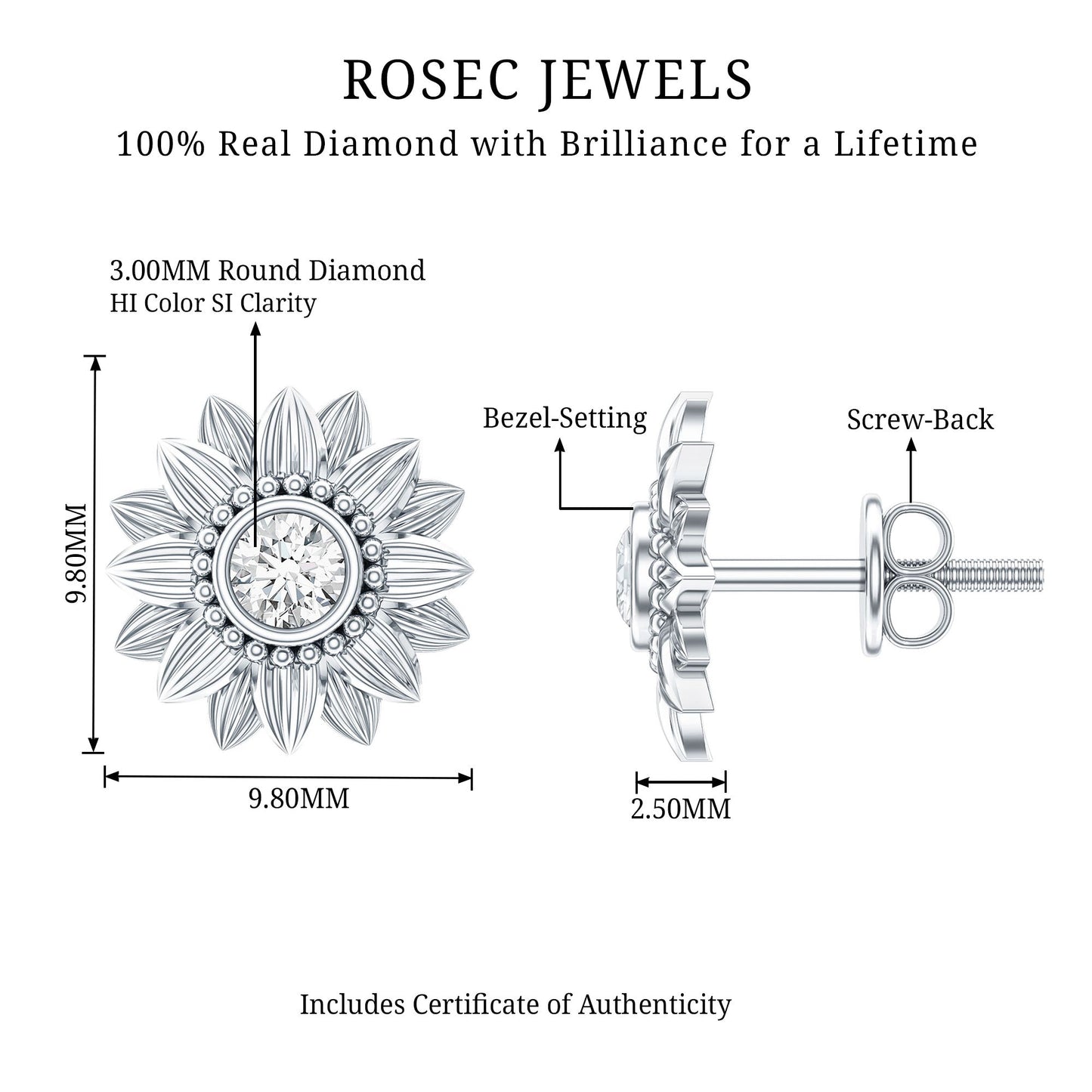 Diamond Sunflower Stud Earrings For Her