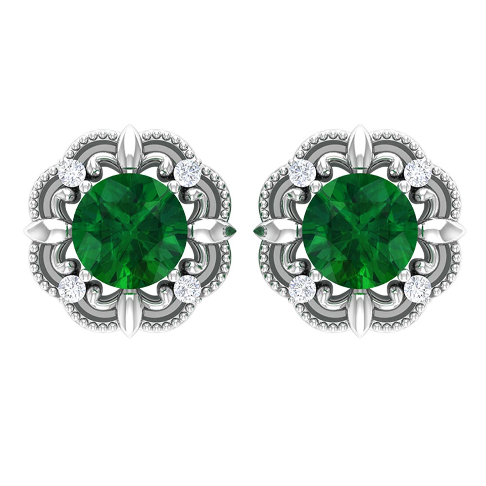 Vintage Inspired Emerald Diamond Earrings with Screw Back