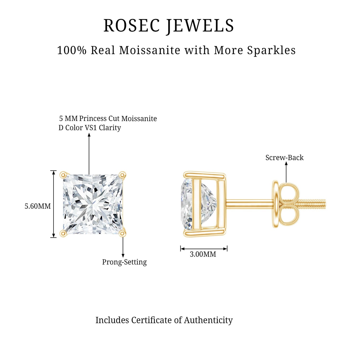 Princess Cut Moissanite Solitaire Stud Earrings for Women
