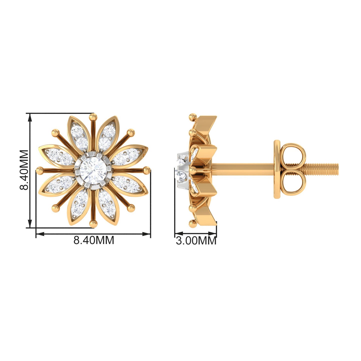 Natural Diamond Flower Stud Earrings with Screw Back