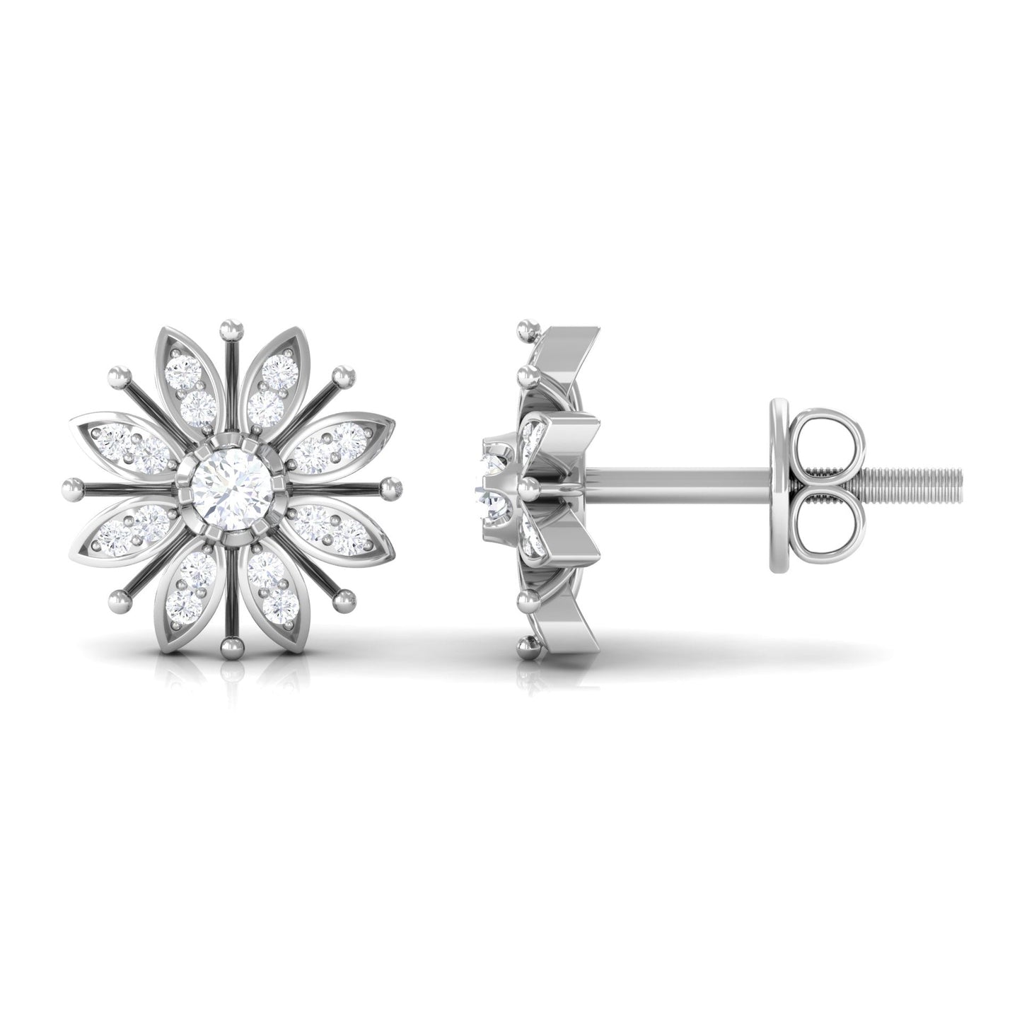 Natural Diamond Flower Stud Earrings with Screw Back