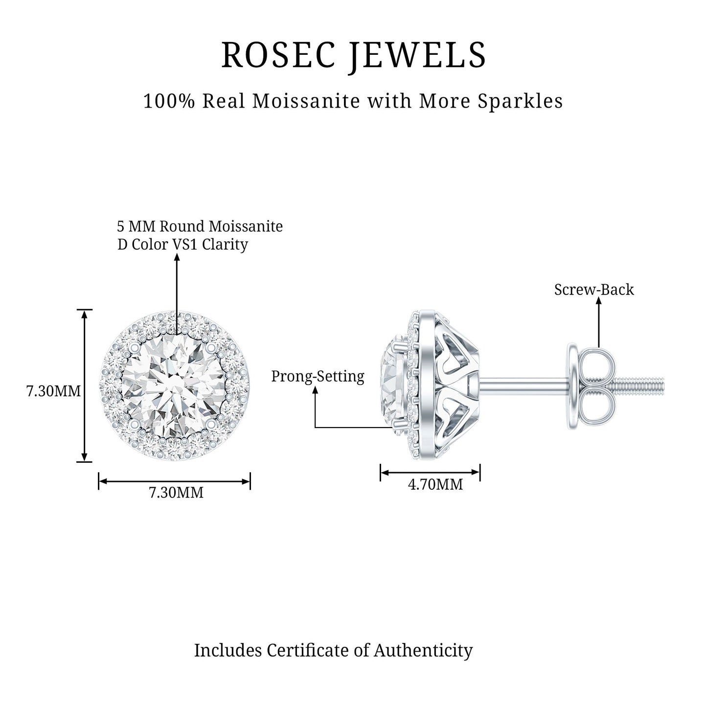 Certified Moissanite Halo Stud Earrings with Screw Back