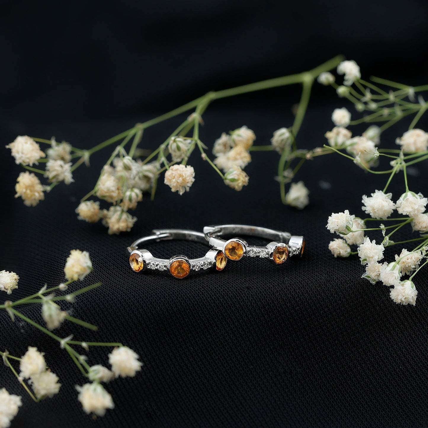 Bezel Set Citrine Hinged Hoop Earrings with Diamond