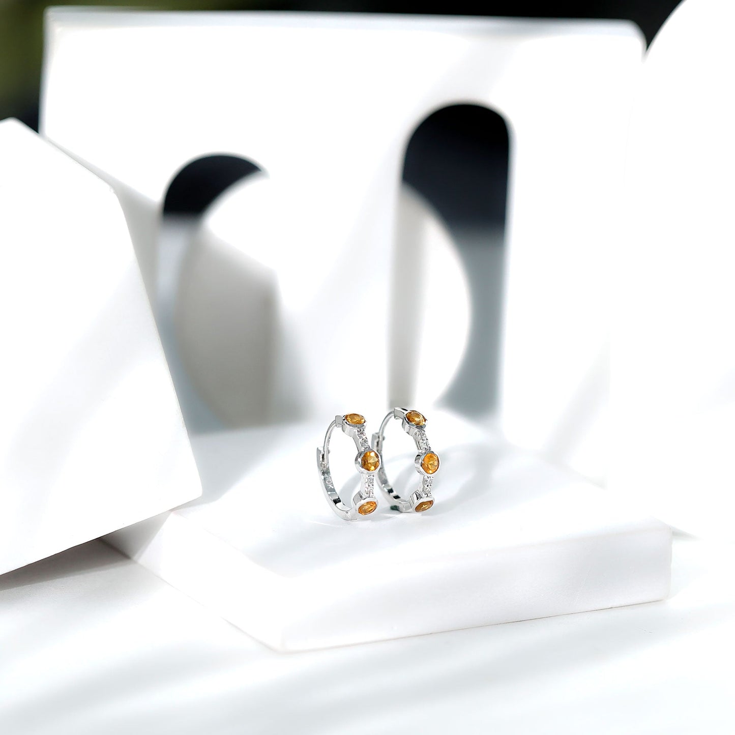 Bezel Set Citrine Hinged Hoop Earrings with Diamond