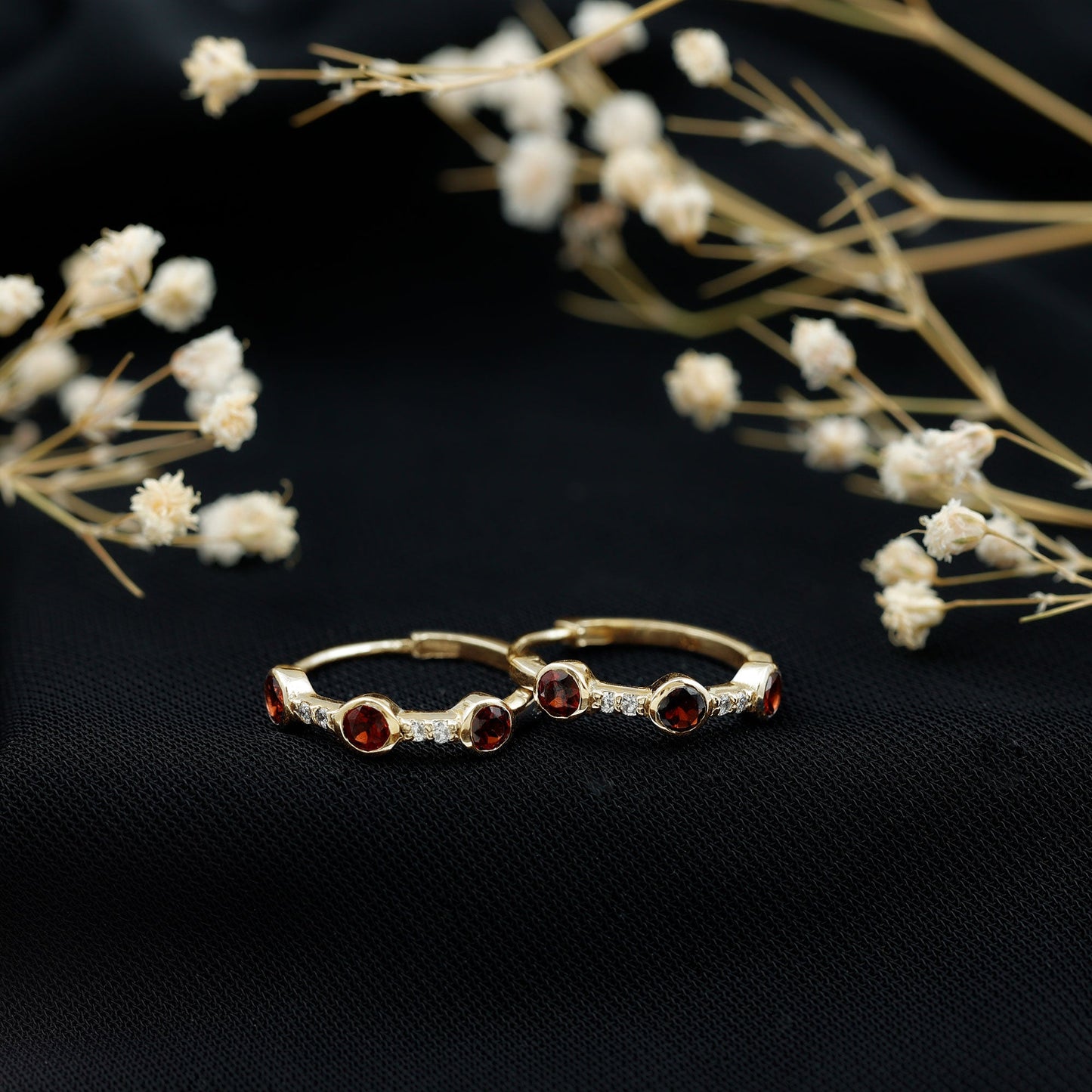 Bezel Set Garnet and Diamond Hinged Hoop Earrings