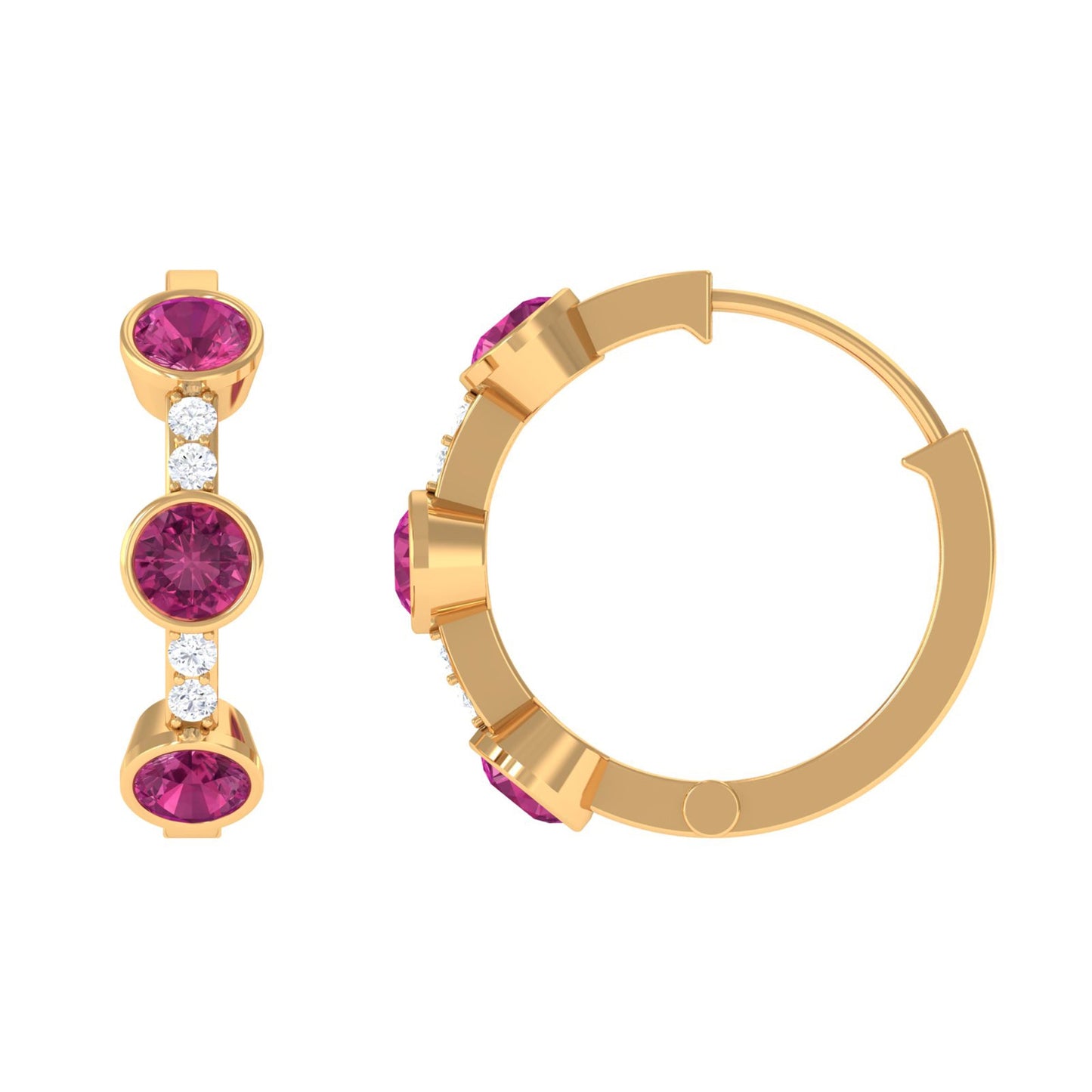 Bezel Set Pink Tourmaline Hinged Hoop Earrings with Diamond