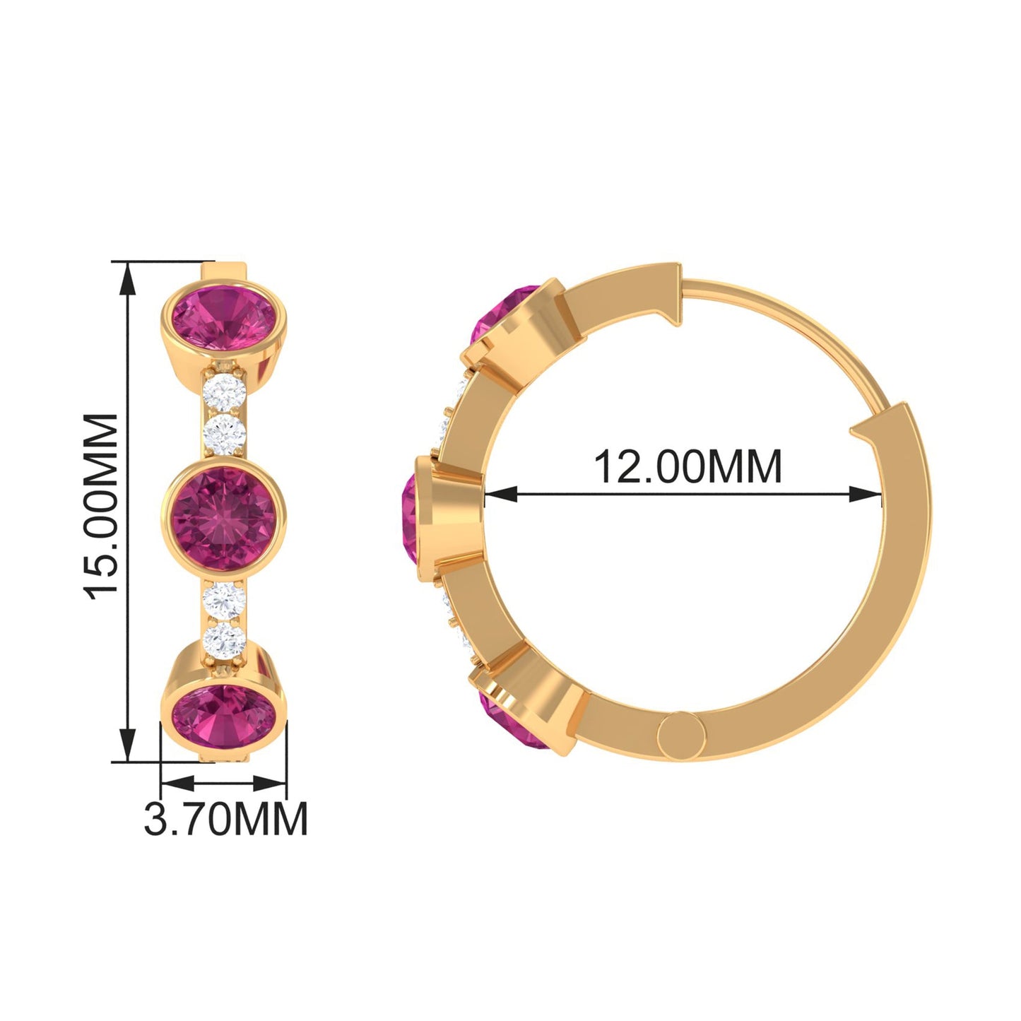 Bezel Set Pink Tourmaline Hinged Hoop Earrings with Diamond