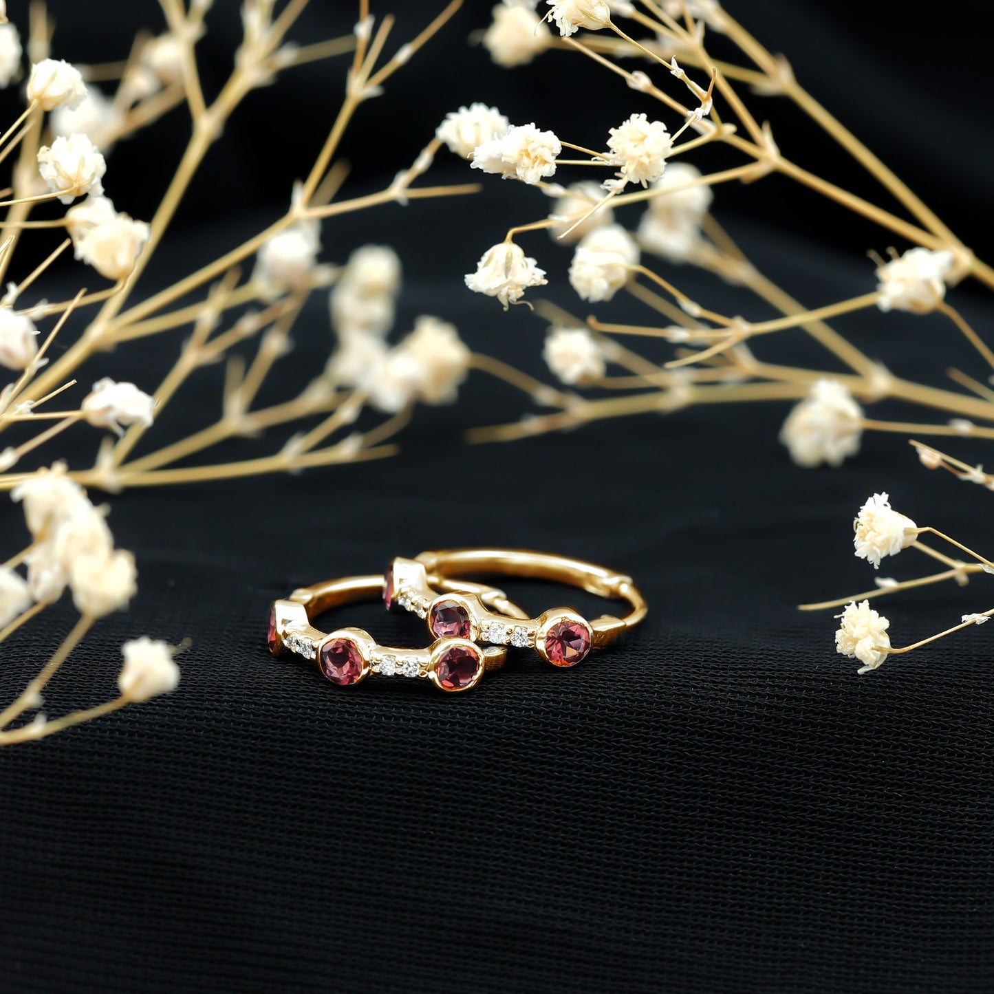 Bezel Set Pink Tourmaline Hinged Hoop Earrings with Diamond