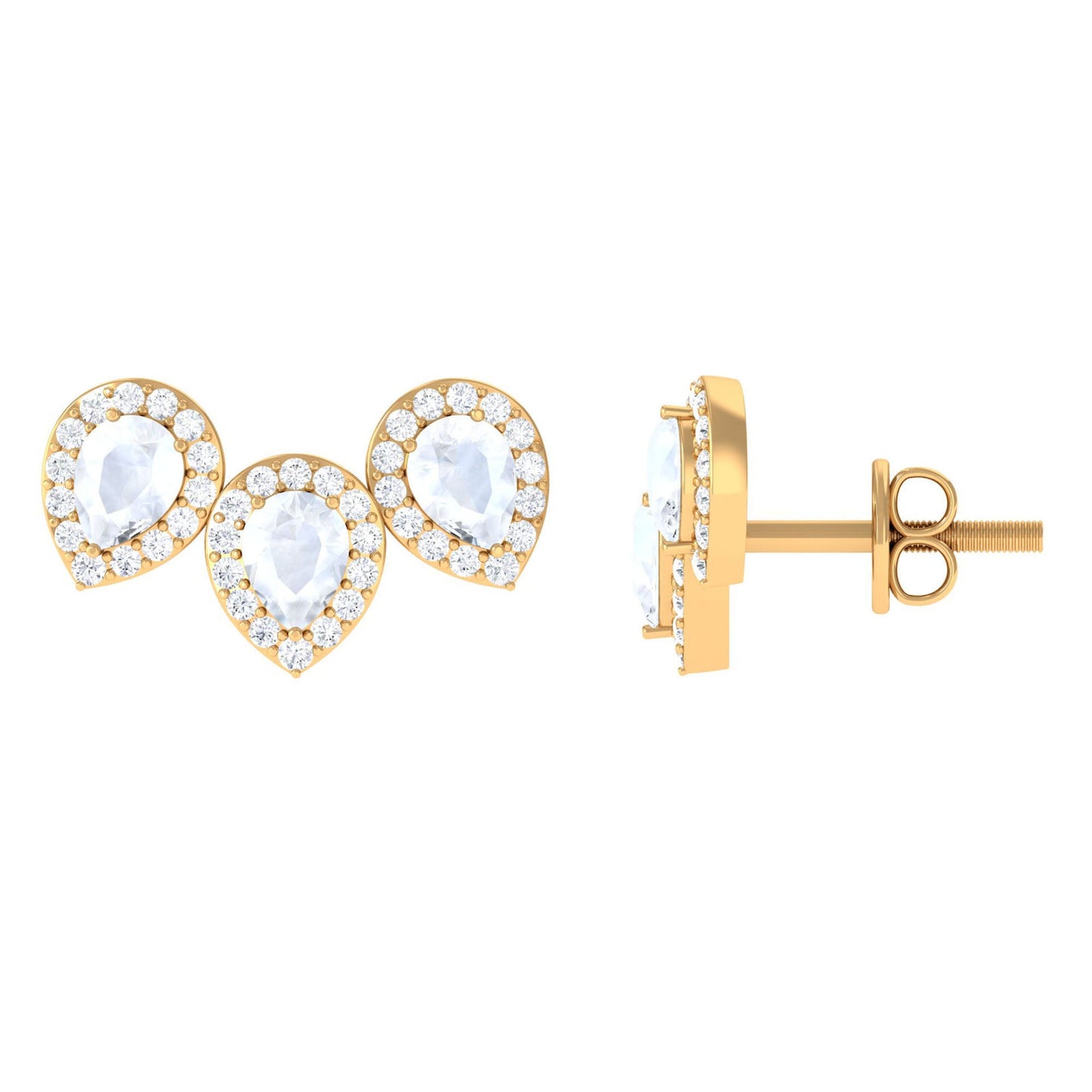 Pear Shape Moonstone Three Stone Bridal Stud Earrings with Diamond Halo