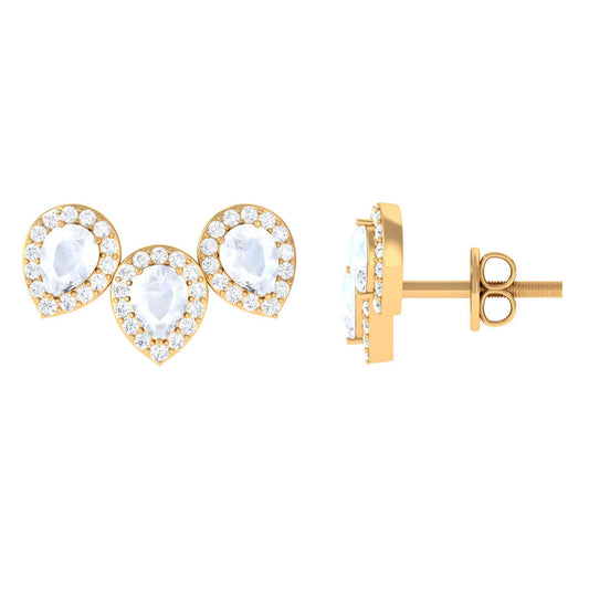 Pear Shape Moonstone Three Stone Bridal Stud Earrings with Diamond Halo