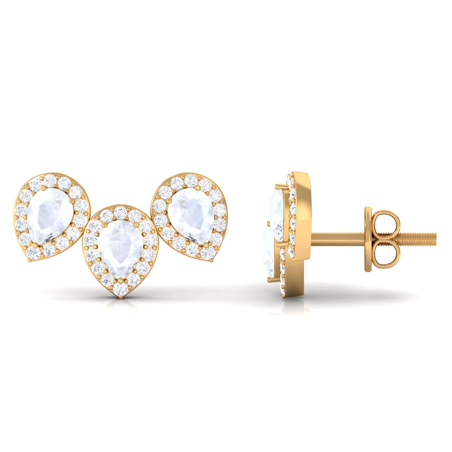 Pear Shape Moonstone Three Stone Bridal Stud Earrings with Diamond Halo