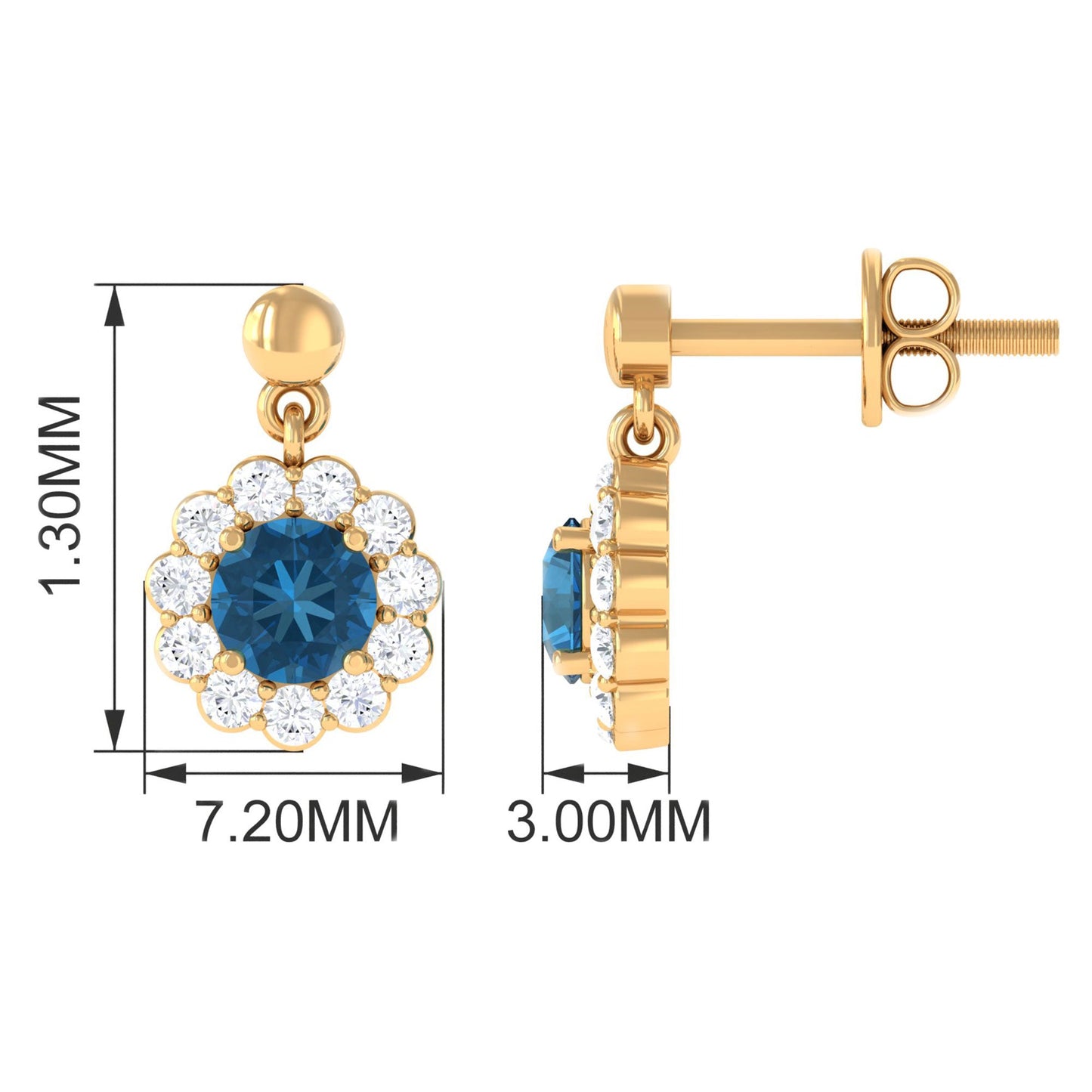 1.2 Carat Real London Blue Topaz and Diamond Flower Halo Drop Earrings