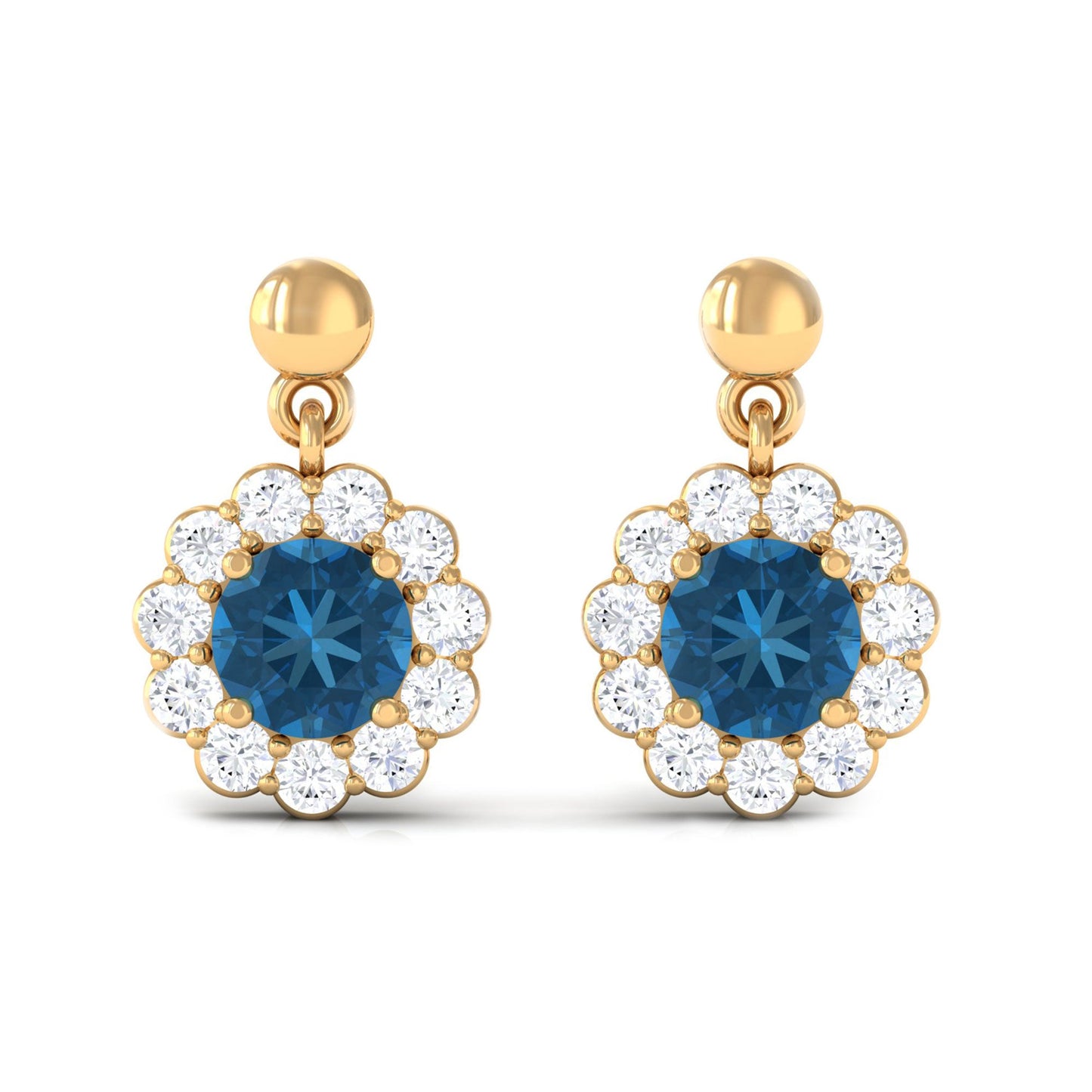 1.2 Carat Real London Blue Topaz and Diamond Flower Halo Drop Earrings