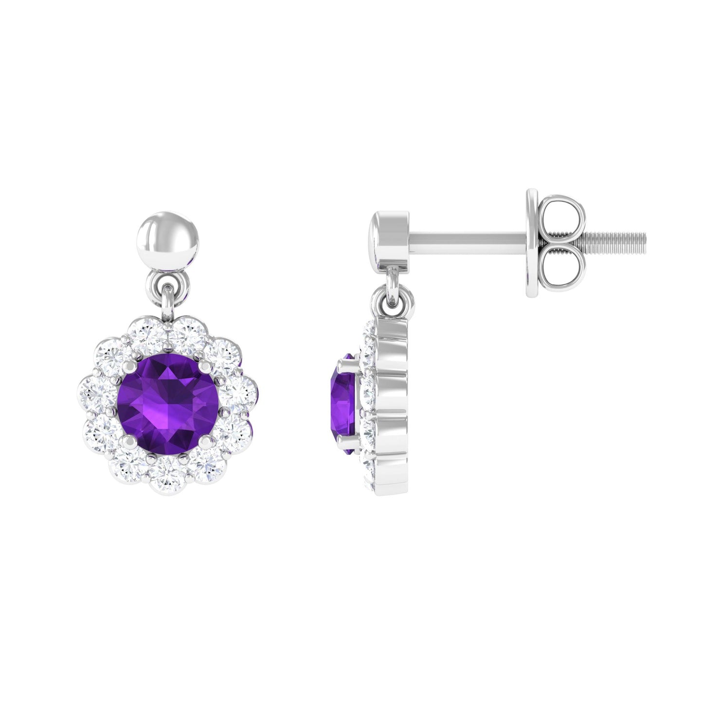 0.9 Carat Real Amethyst and Diamond Flower Halo Drop Earrings