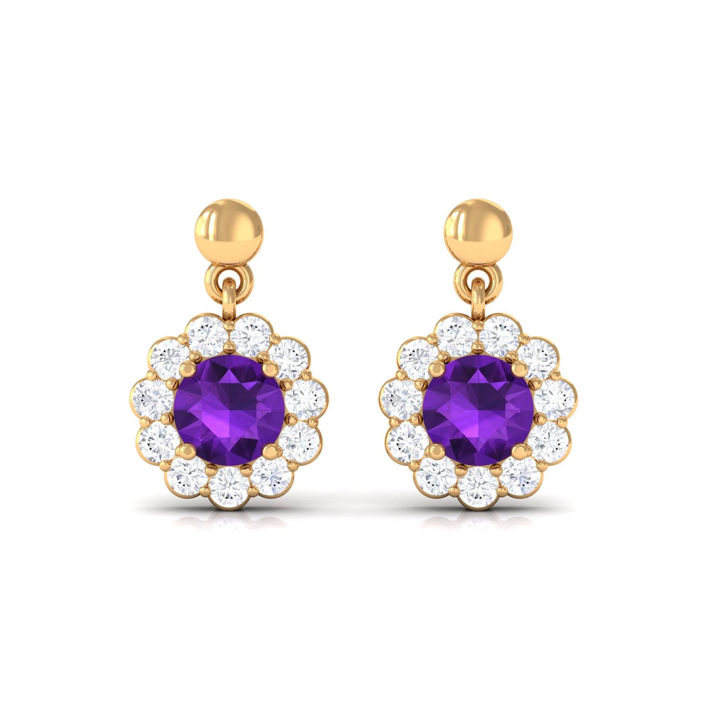 0.9 Carat Real Amethyst and Diamond Flower Halo Drop Earrings