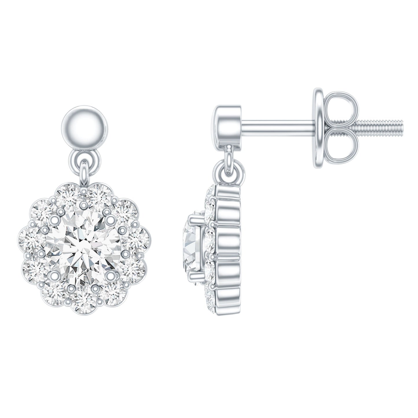 Certified Moissanite Flower Halo Drop Earrings