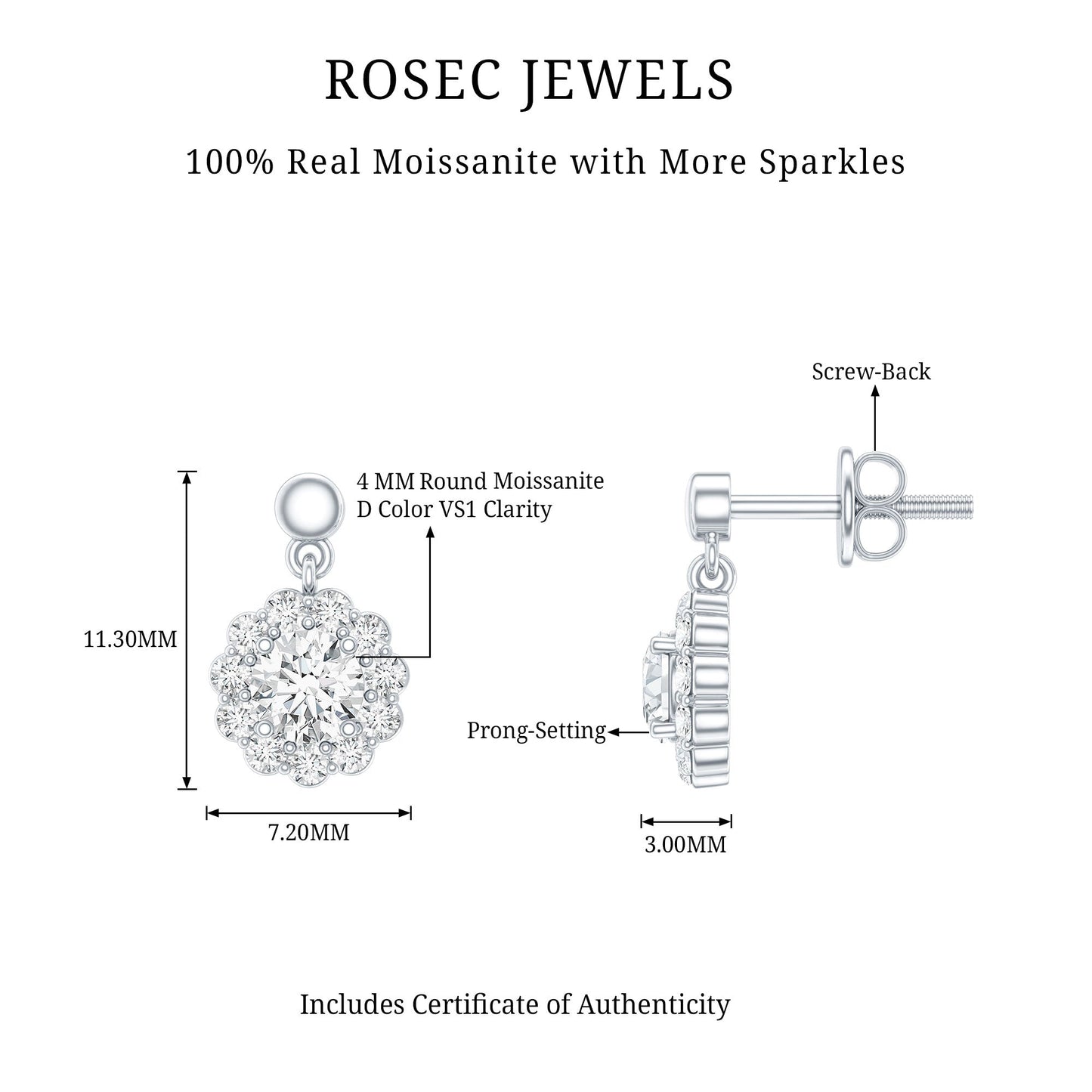 Certified Moissanite Flower Halo Drop Earrings