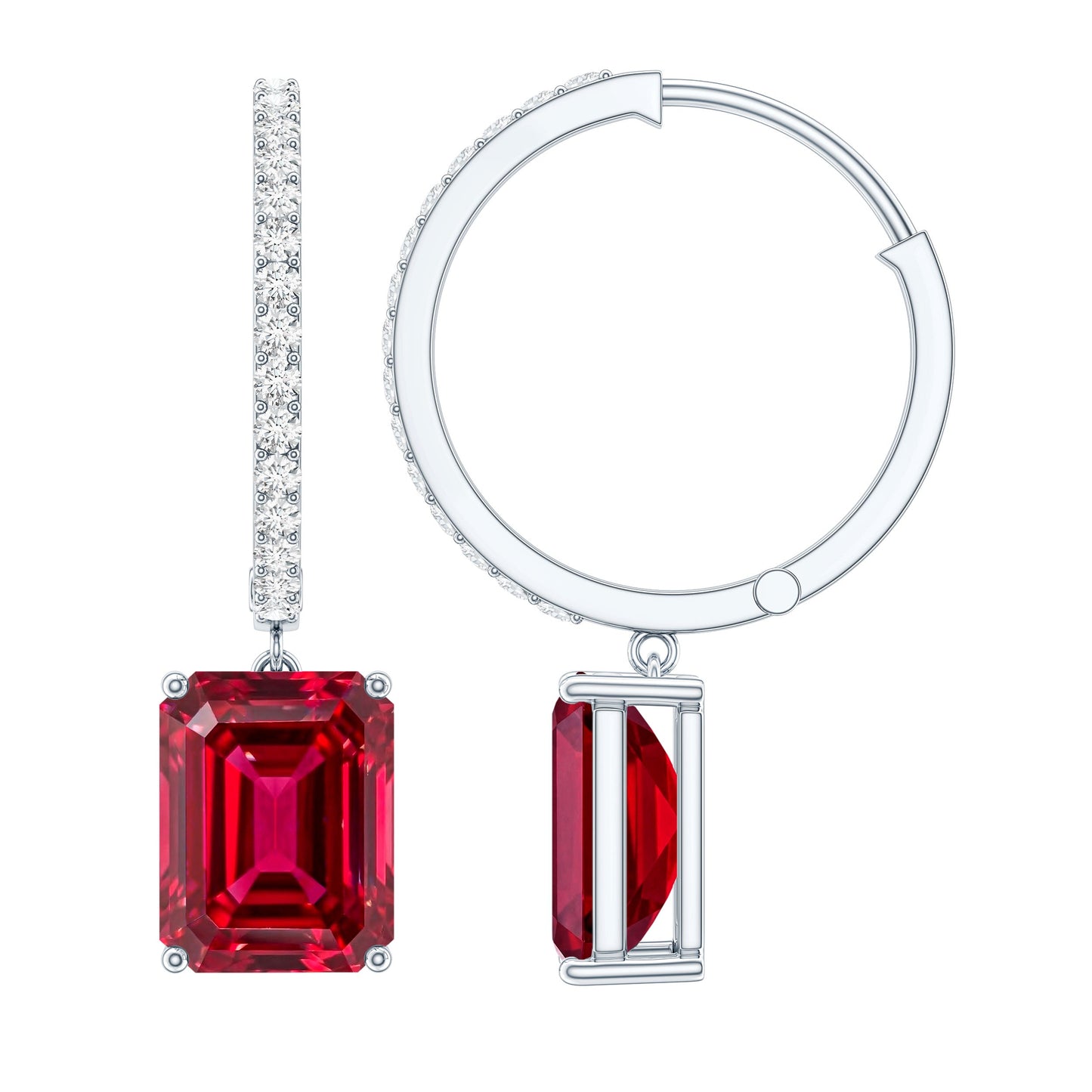 Emerald Cut Lab Created Ruby and Diamond Hoop Drop Earrings