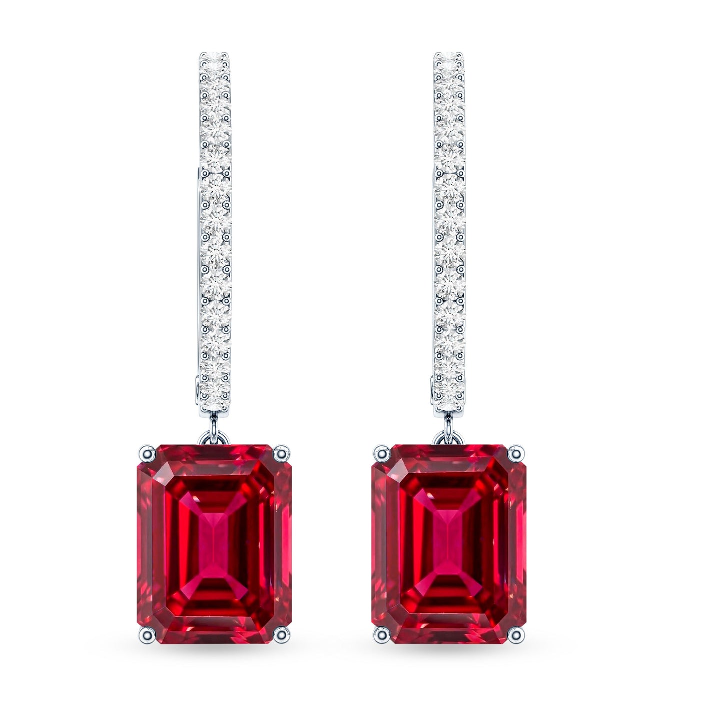 Emerald Cut Lab Created Ruby and Diamond Hoop Drop Earrings