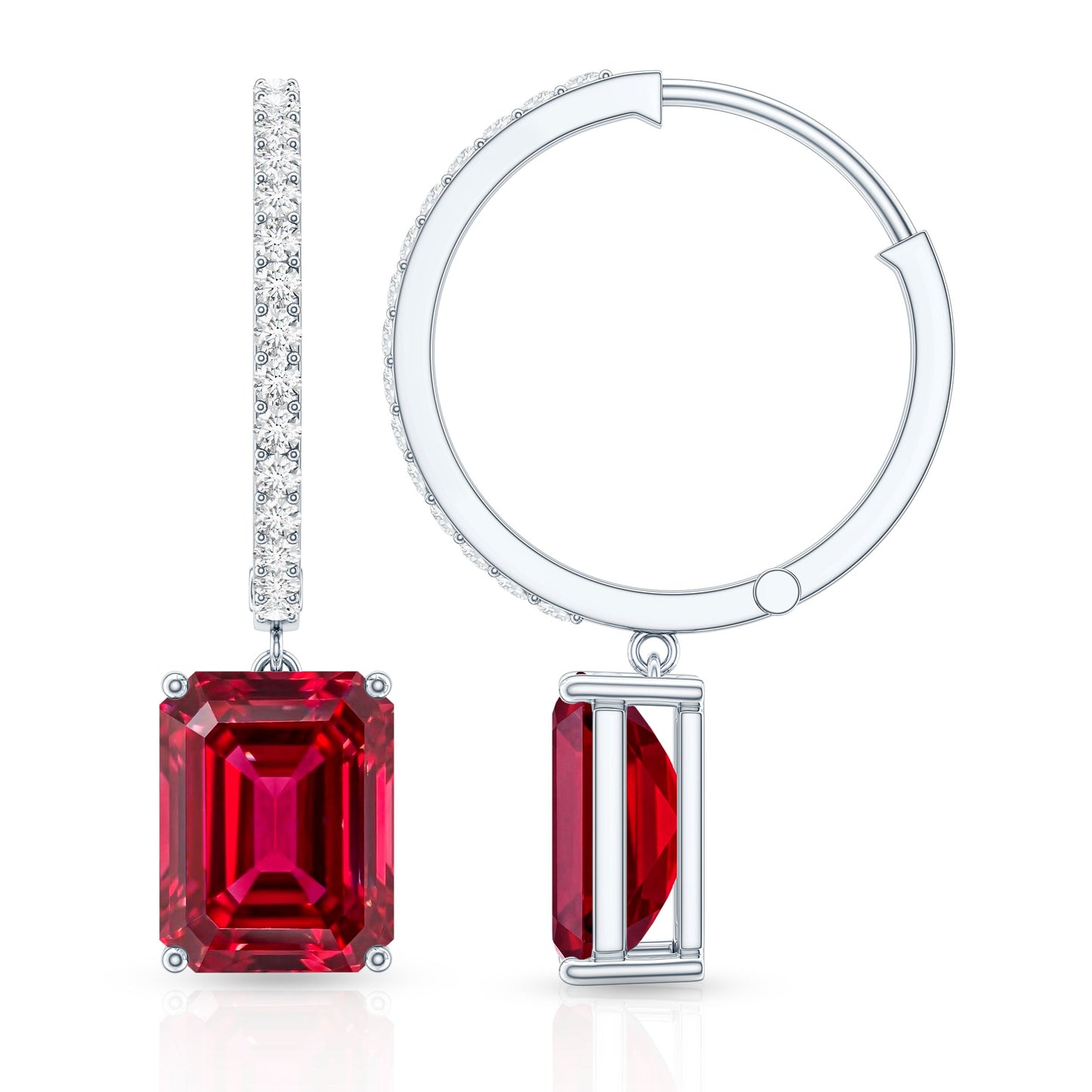 Emerald Cut Lab Created Ruby and Diamond Hoop Drop Earrings