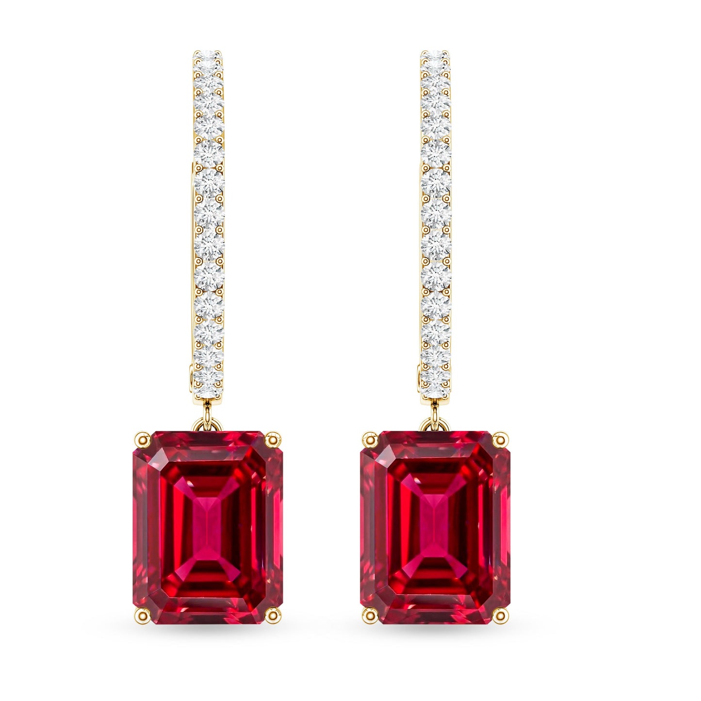 Emerald Cut Lab Created Ruby and Diamond Hoop Drop Earrings