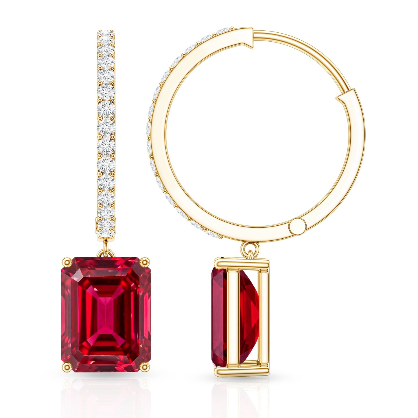 Emerald Cut Lab Created Ruby and Diamond Hoop Drop Earrings