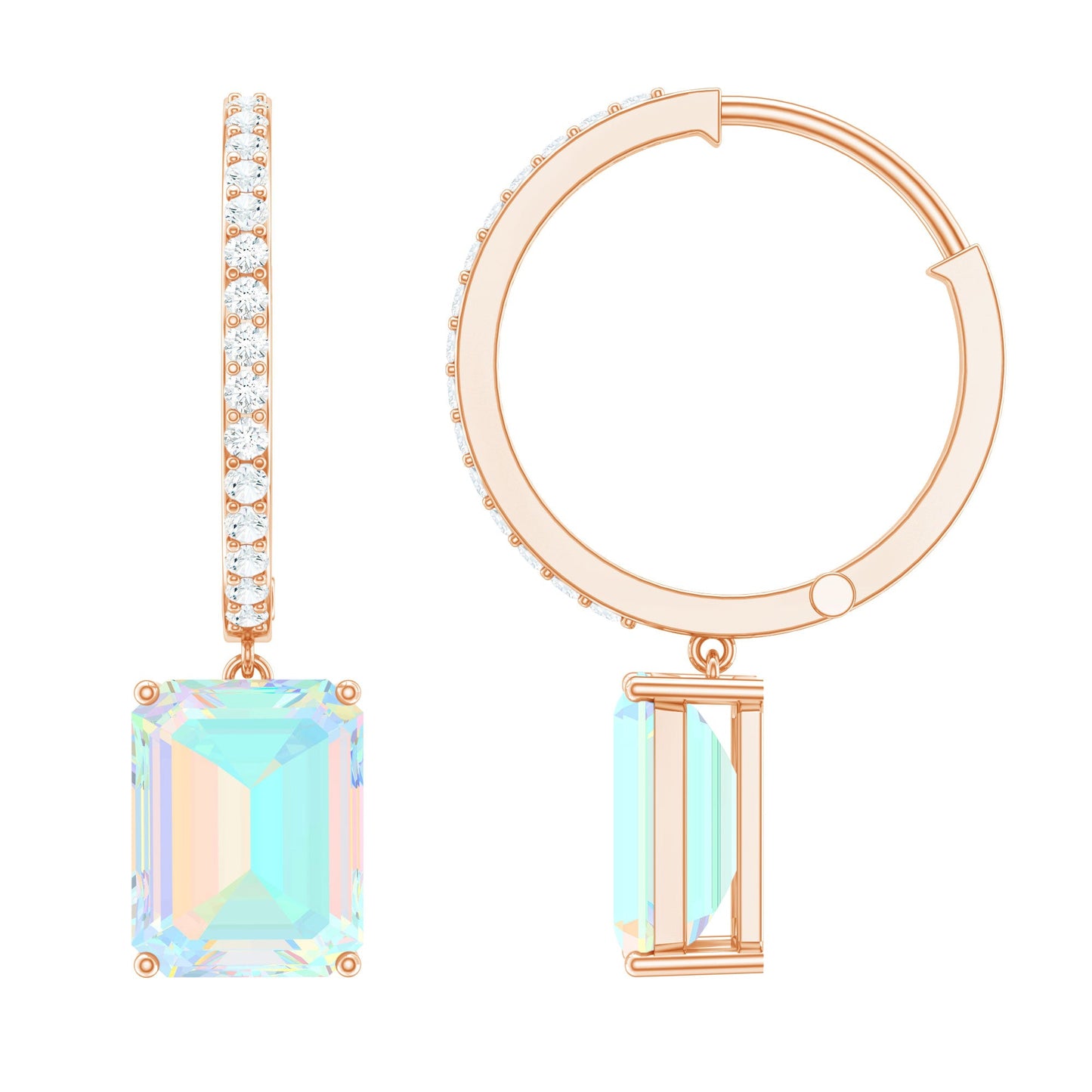 Genuine Emerald Cut Ethiopian Opal Drop Hoop Earrings