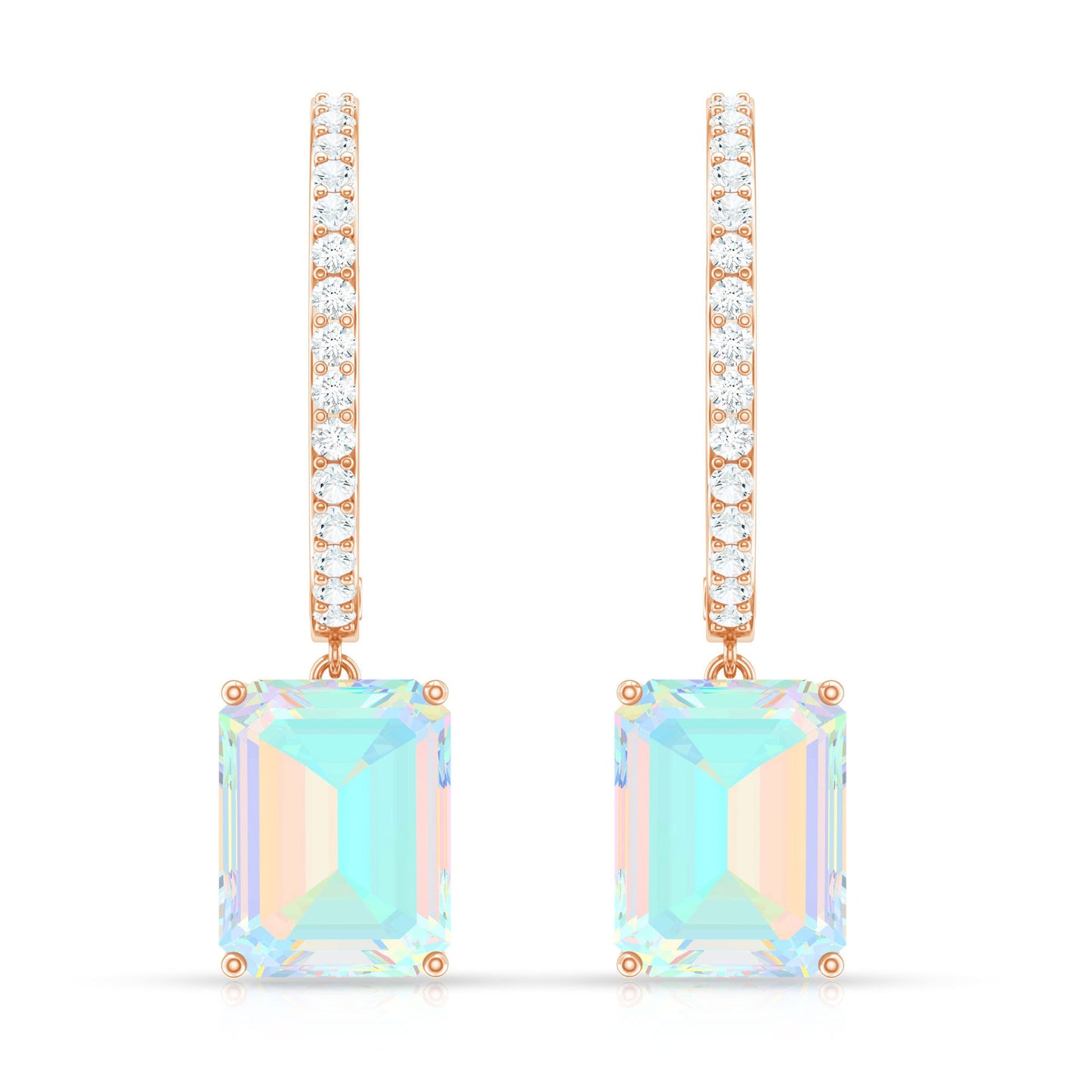 Genuine Emerald Cut Ethiopian Opal Drop Hoop Earrings