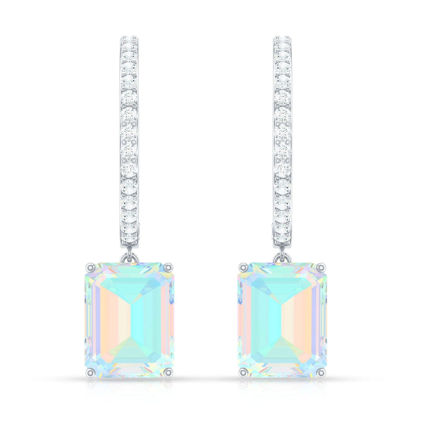 Genuine Emerald Cut Ethiopian Opal Drop Hoop Earrings