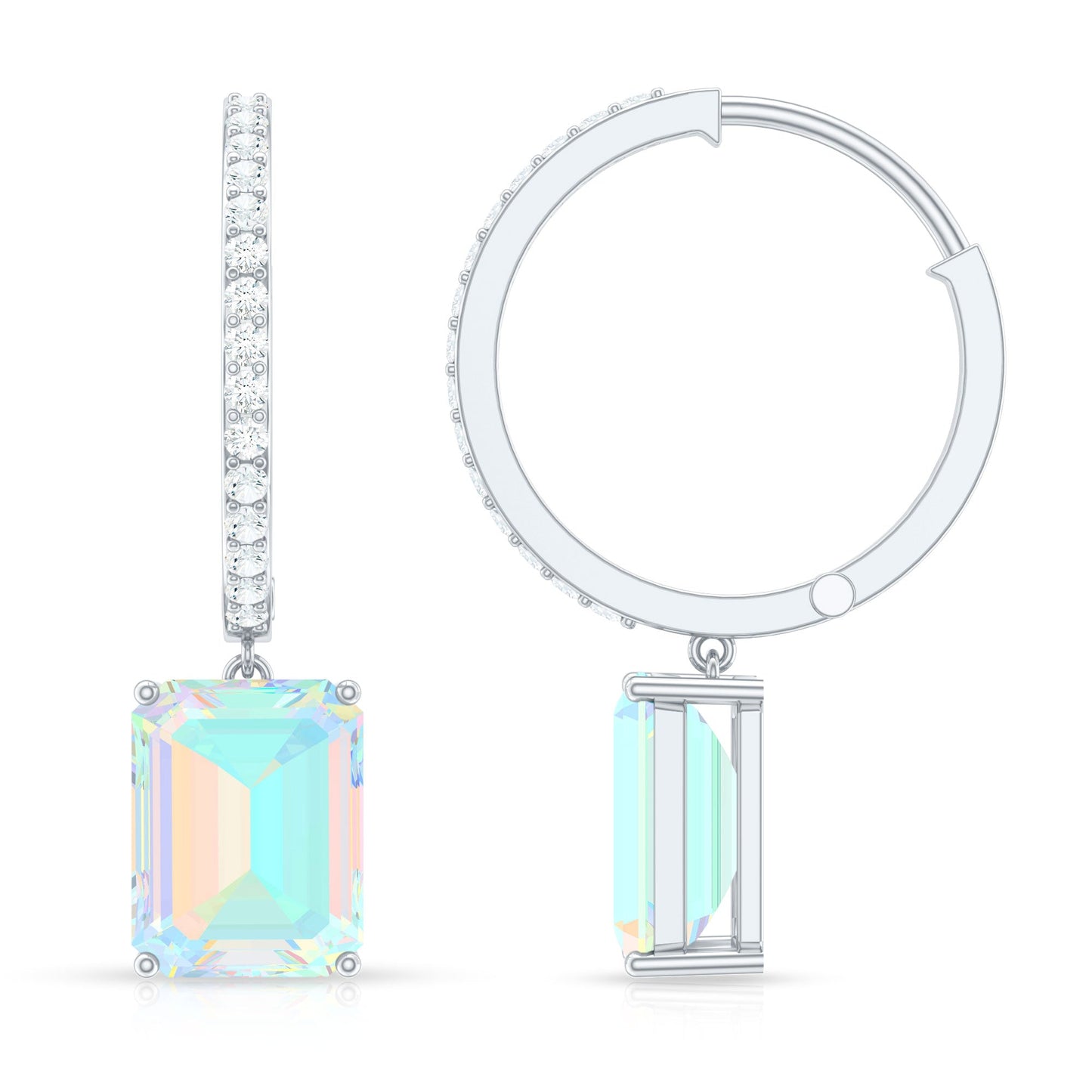Genuine Emerald Cut Ethiopian Opal Drop Hoop Earrings