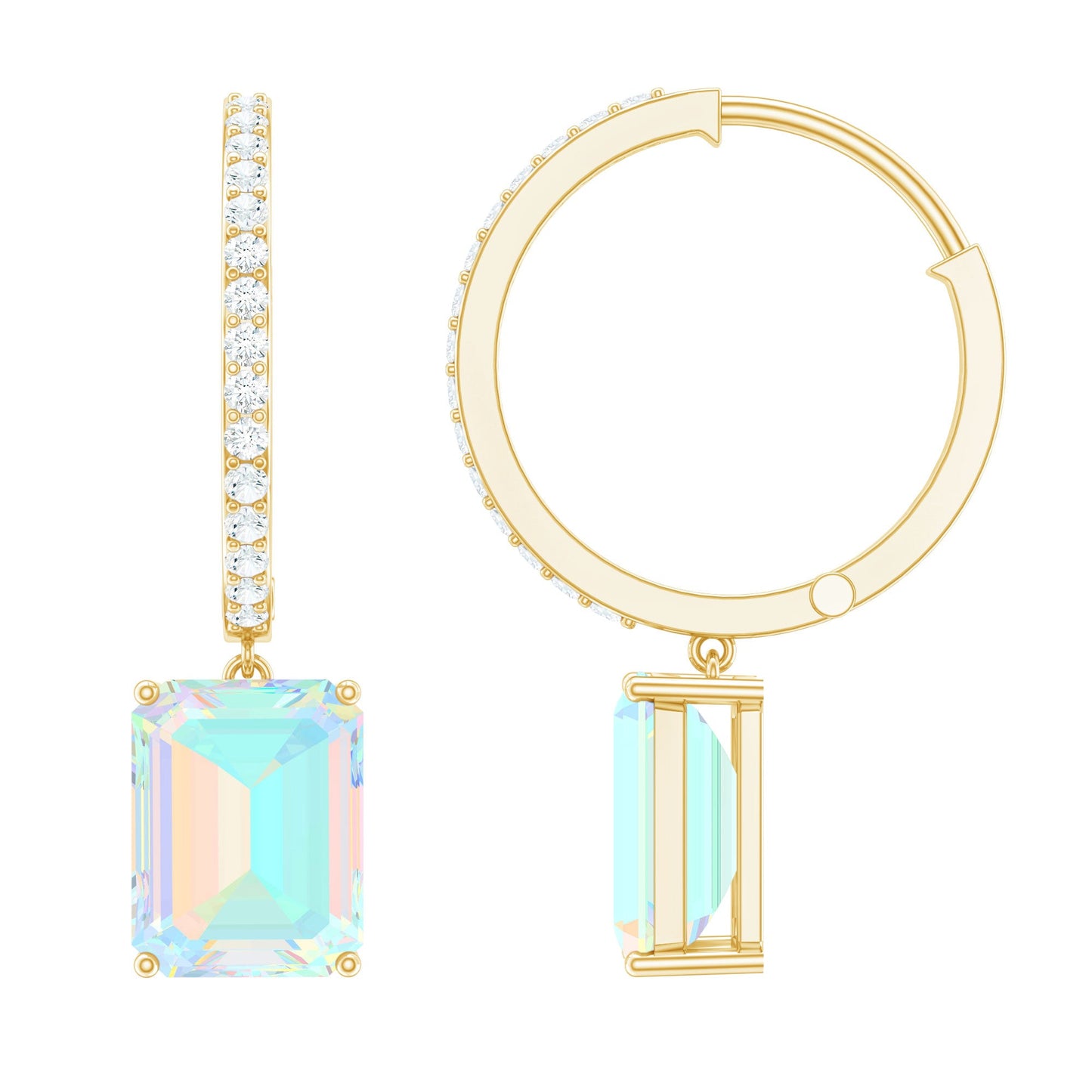 Genuine Emerald Cut Ethiopian Opal Drop Hoop Earrings