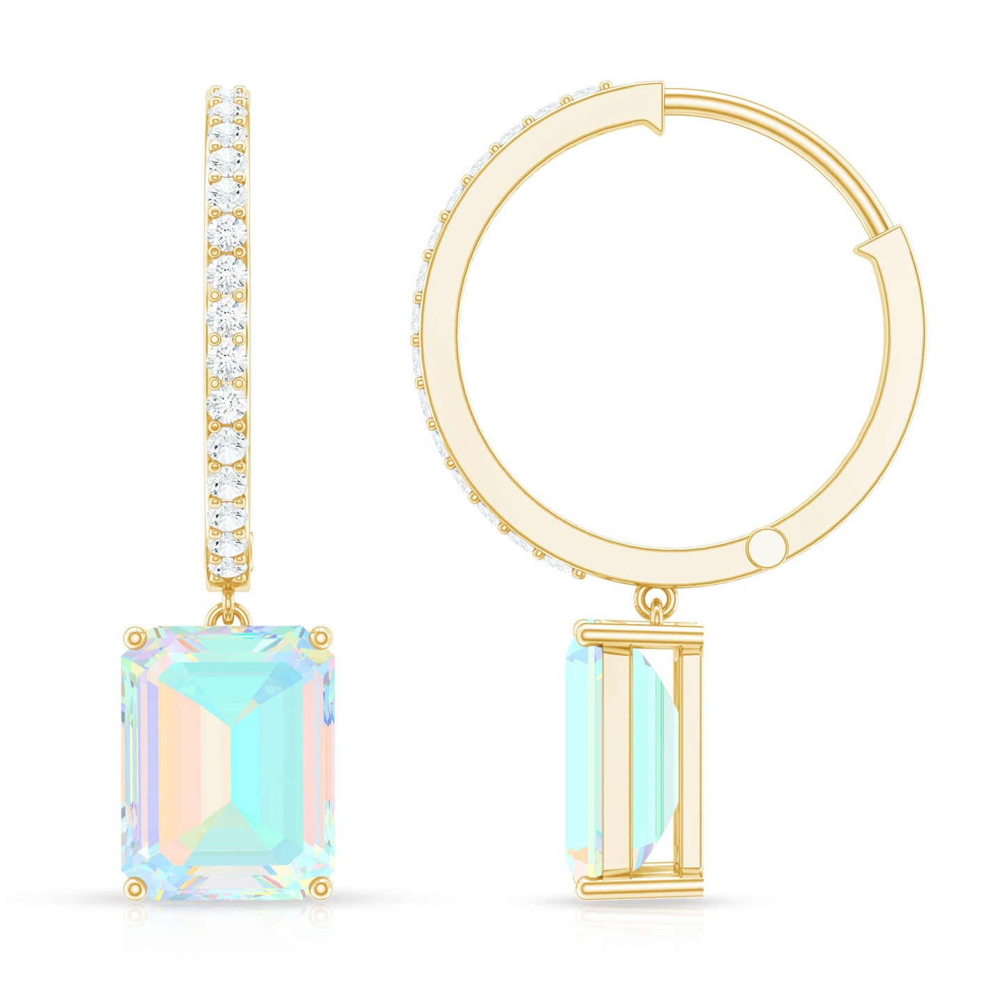 Genuine Emerald Cut Ethiopian Opal Drop Hoop Earrings