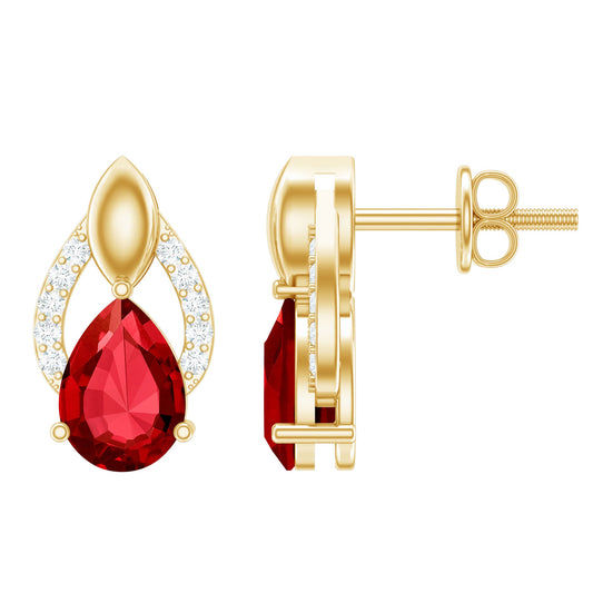 Pear Shaped Lab Created Ruby and Diamond Teardrop Stud Earrings