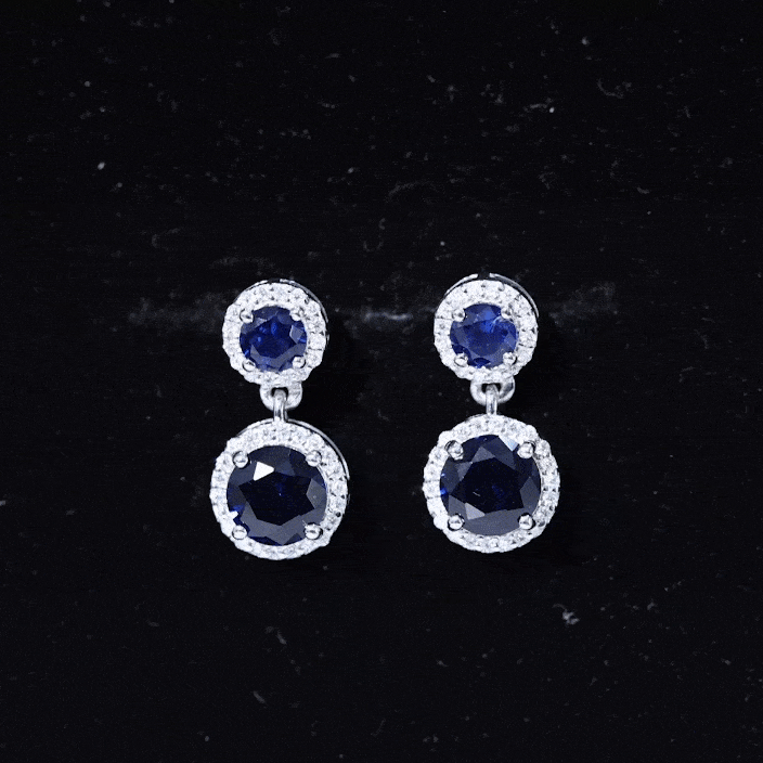 Lab Created Blue Sapphire Wedding Dangle Earrings with Moissanite Halo