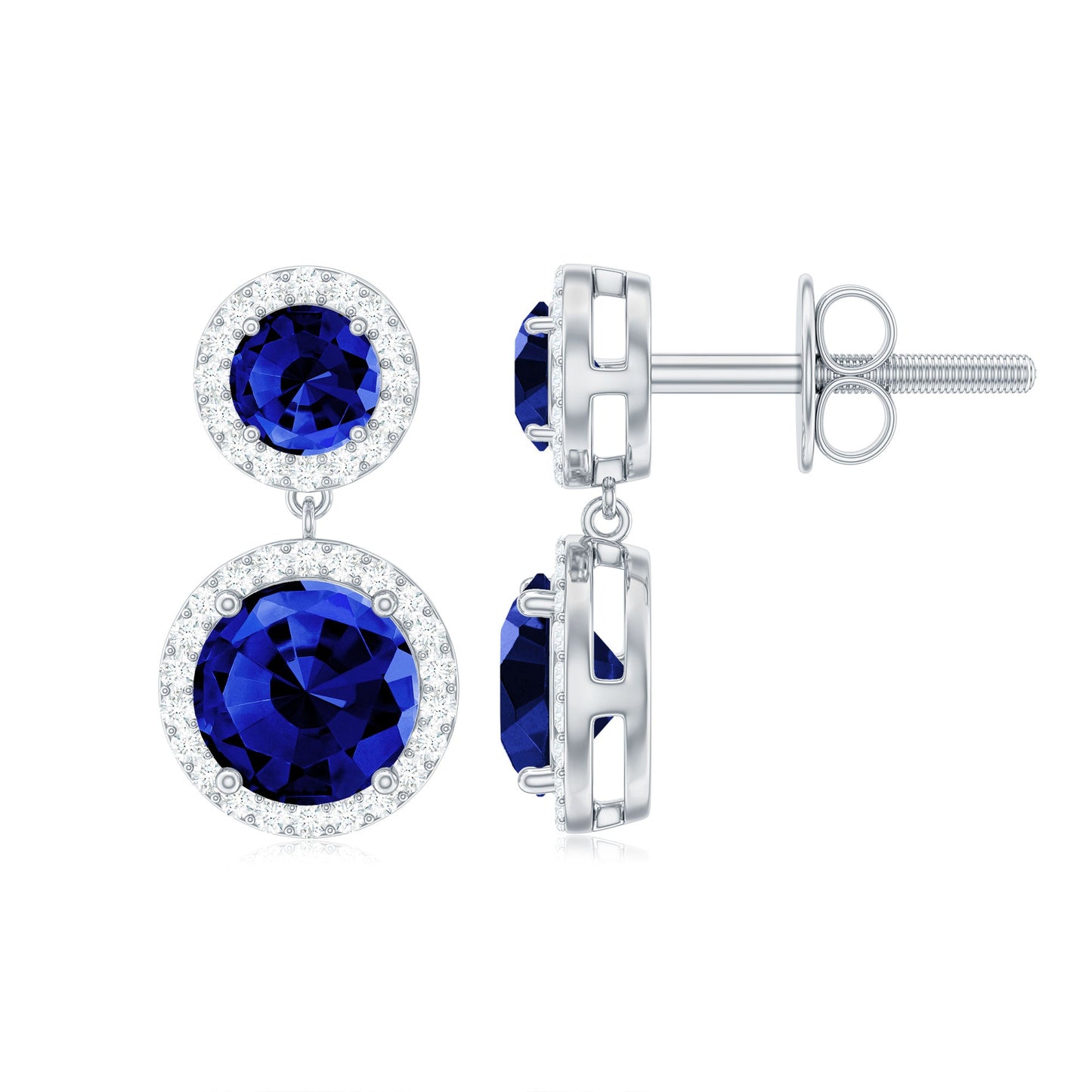 Lab Created Blue Sapphire Wedding Dangle Earrings with Moissanite Halo