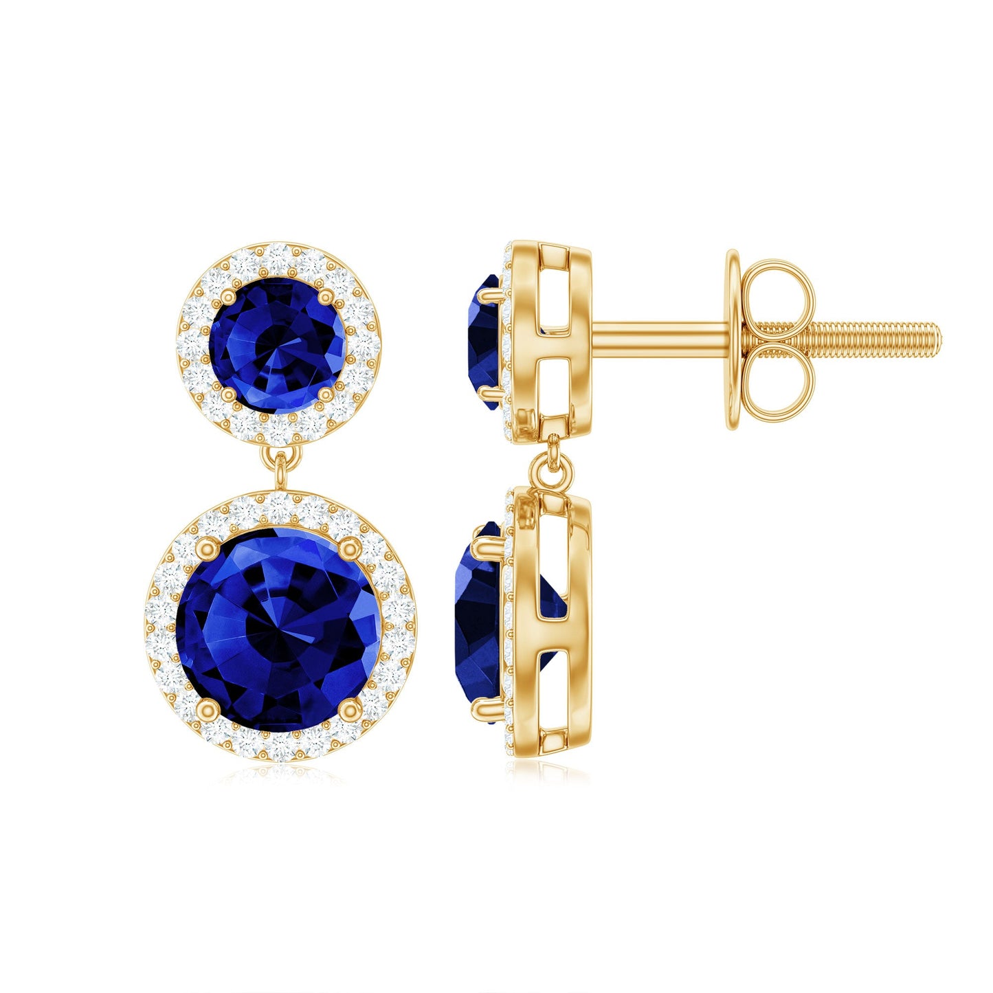 Lab Created Blue Sapphire Wedding Dangle Earrings with Moissanite Halo